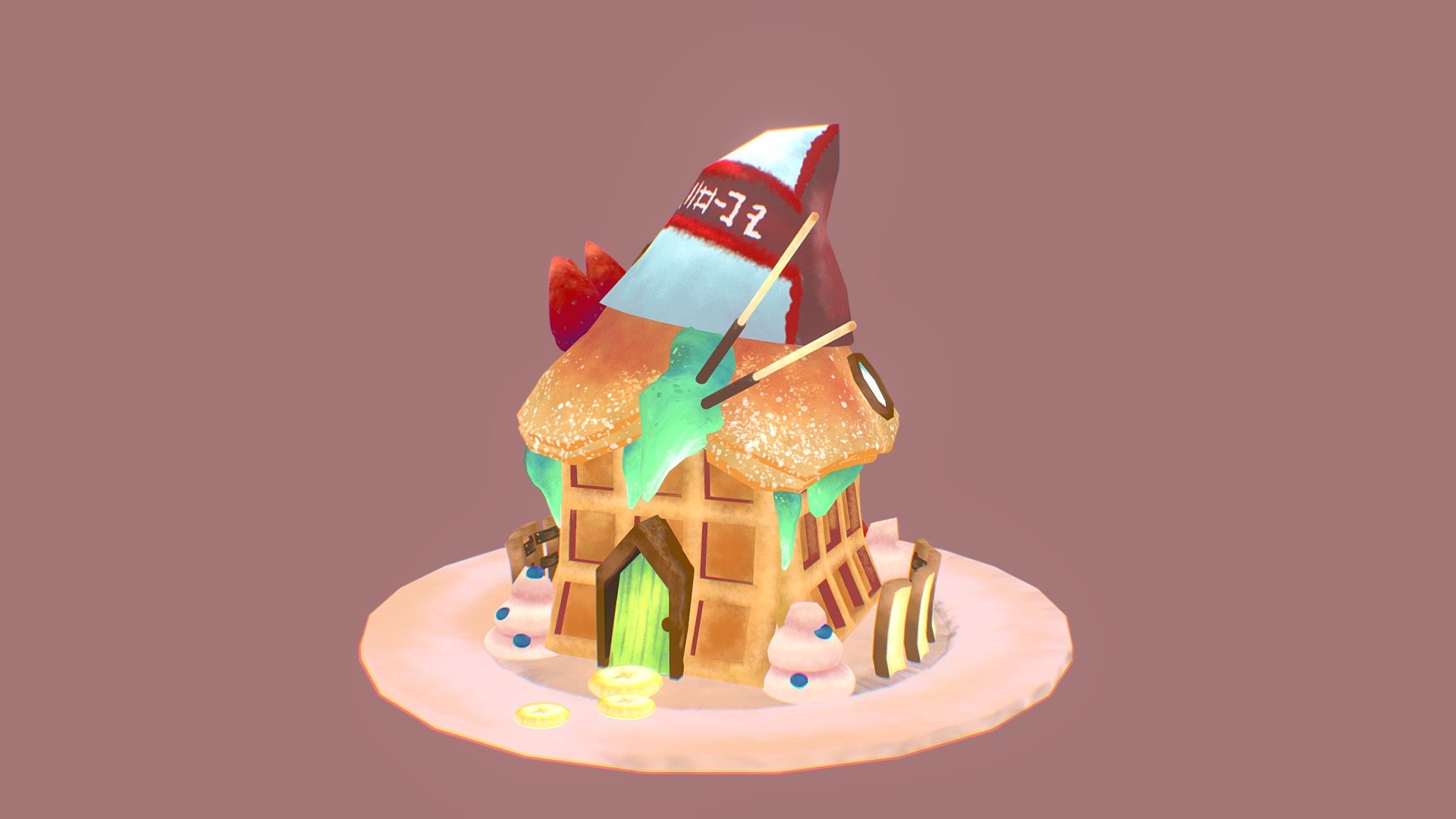 This was the third project for my modeling and texturing course. We had to make something out of things that were not commonly made out of.
I drew this concept art of a house made out of sweet breakfast foods. I had a lot of fun creating thos project! - Waffle House - 3D model by fawndue 3d model