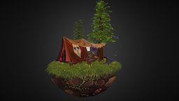 Tent in the Woods trees, cute, tent, camping, fun, dwarf, 3dcoat, stylised, diorama, nature, woods, handpainted, asset, 3d, photoshop, 3dsmax, lowpoly, stylized, fantasy
