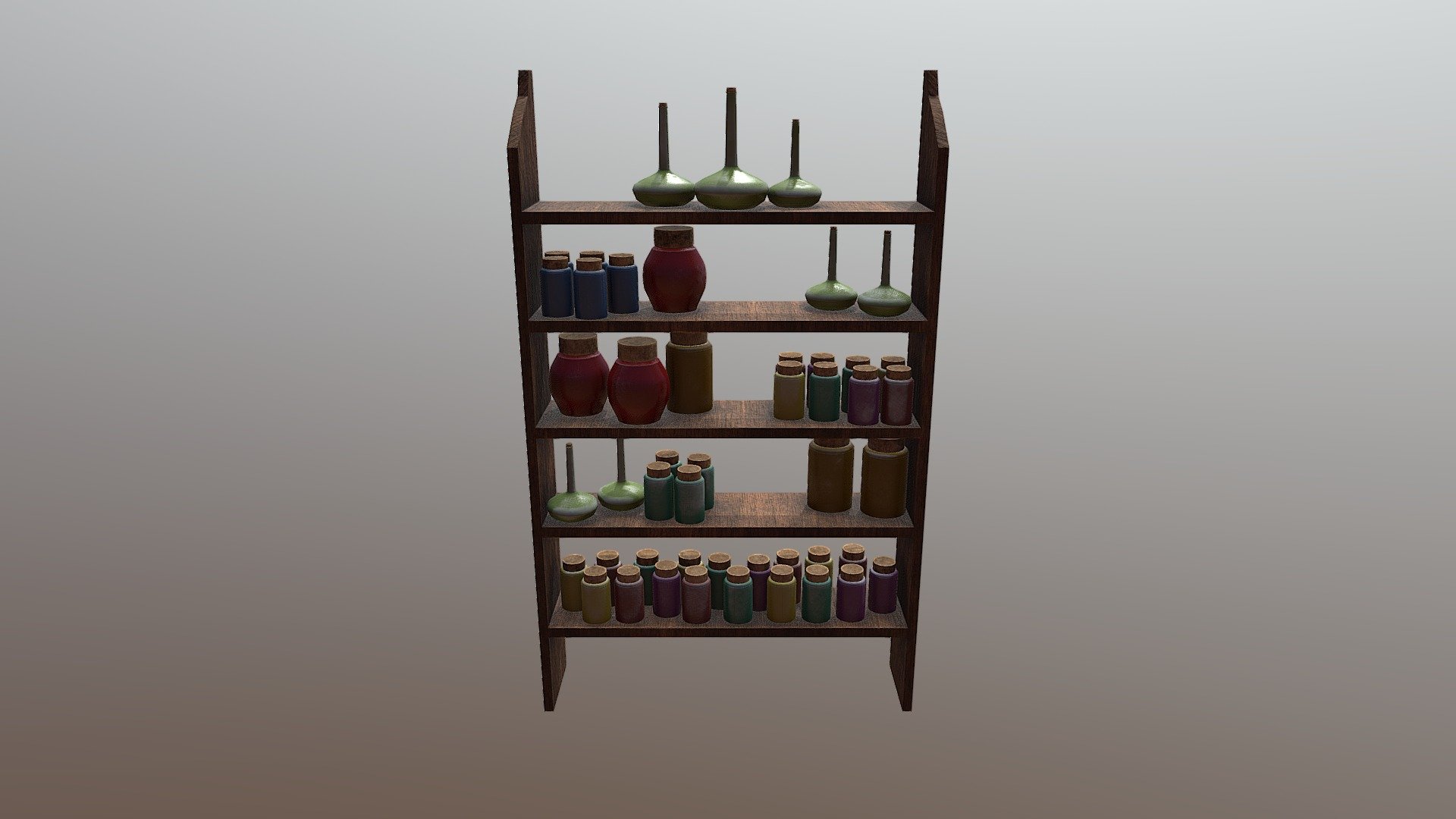 This is a set of assets I created in my spare time. I based the potions bottles off of an asset I created during the summer for a college project. I created this with Maya and textured it in Substance Painter - Potion Shelf - 3D model by Killband 3d model