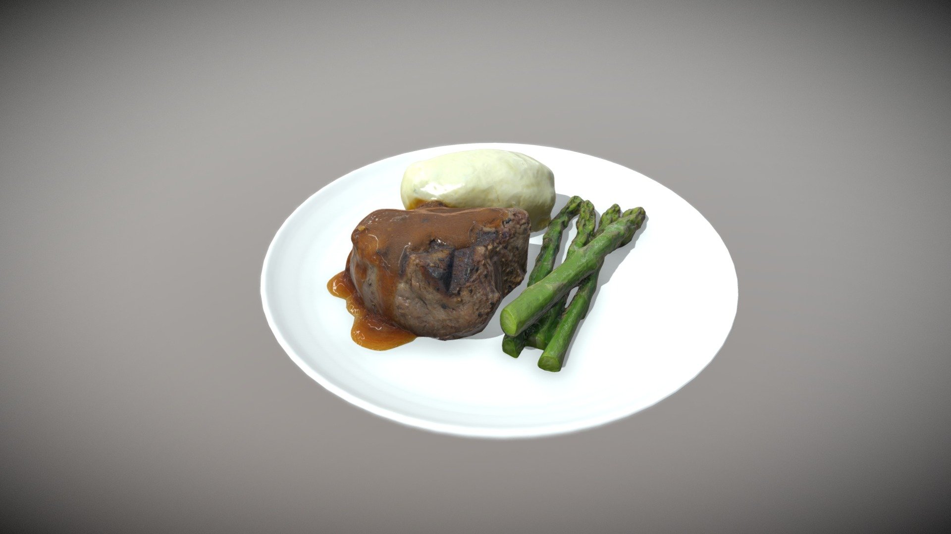 Air Canada Business class meal - 3D scan.

Grilled AAA beef tenderloin, Cabernet peppercorn sauce, Yukon Gold mashed potatoes, asparagus

https://neutral.digital/portfolio/air-canada-virtual-reality/ - Grilled AAA beef tenderloin - 3D model by neutraldigital 3d model