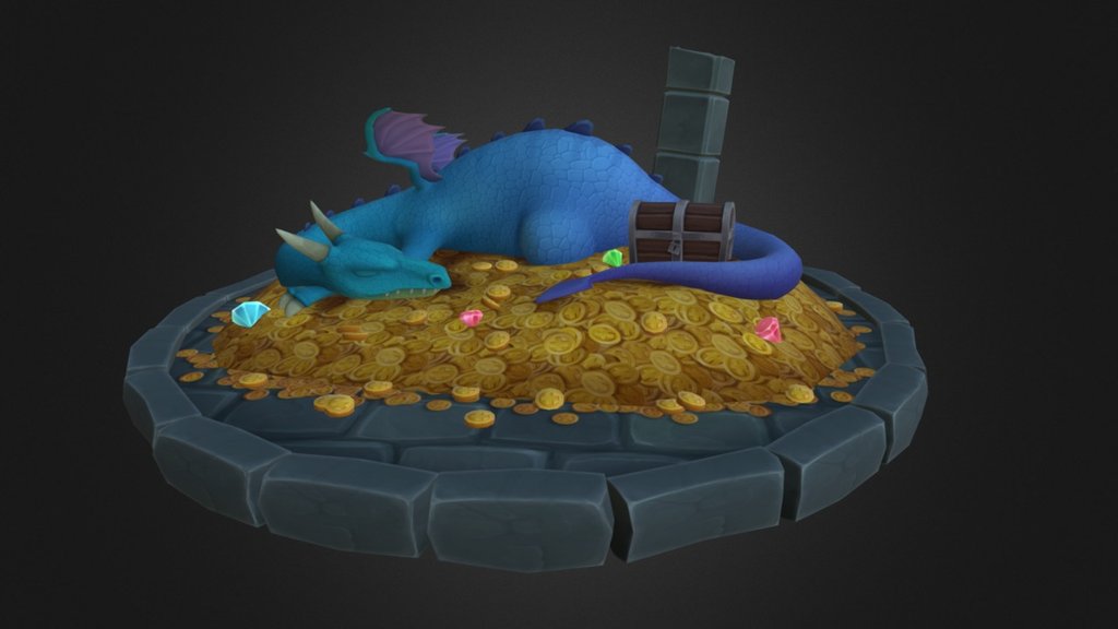 A small, low-poly scene of a dragon whelp resting upon his pile of coins 3d model