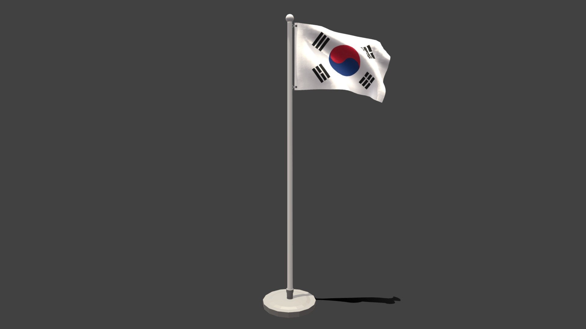 This is a low poly 3D model of an animated flag of South Korea. The low poly flag was modeled and prepared for low-poly style renderings, background, general CG visualization presented as 2 meshes with quads only.

Verts : 1.536 Faces : 1.459.

1024x1024 textures included. Diffuse, roughness and normal maps available only for flag. The pole have simple materials with colors.

The animation is based on shapekeys, 248 frames and seamless, no rig included.

The original file was created in blender. You will receive a OBJ, FBX, blend, DAE, Stl, gLTF, abc.

PLEASE NOTE Animation icluded only in blend, abc and glTF files.

Warning: Depending on which software package you are using, the exchange formats (.obj , .dae, .fbx) may not match the preview images exactly. Due to the nature of these formats, there may be some textures that have to be loaded by hand and possibly triangulated geometry 3d model