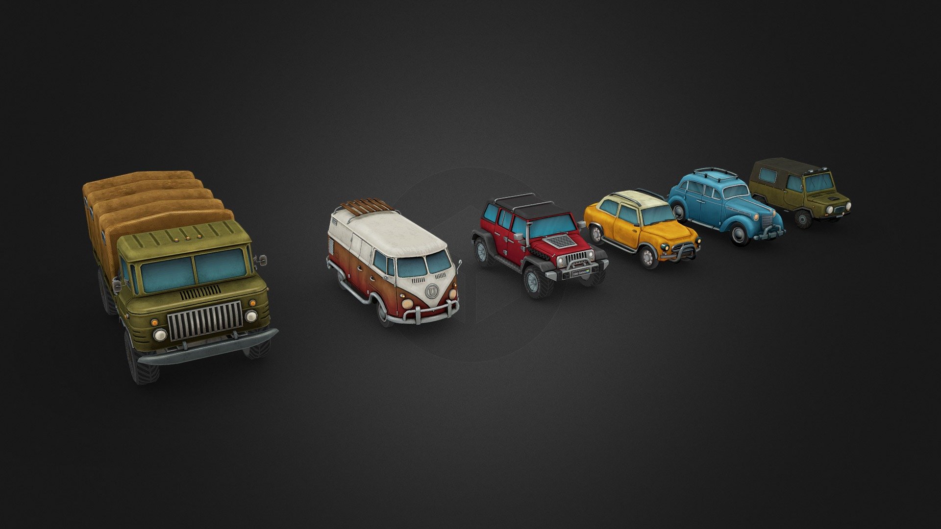 These low-poly models were created in Blender using a combination of manual painting techniques and Substance Painter. The models were designed for the mobile game &lsquo;Treasure Hunter.' For any inquiries, you can reach out on Telegram with the username @lowpoly89 - Gaz 66, T1, luaz, gaz 66, moskvich, zaz 969 - 3D model by LowPoly89 (@omega3) 3d model