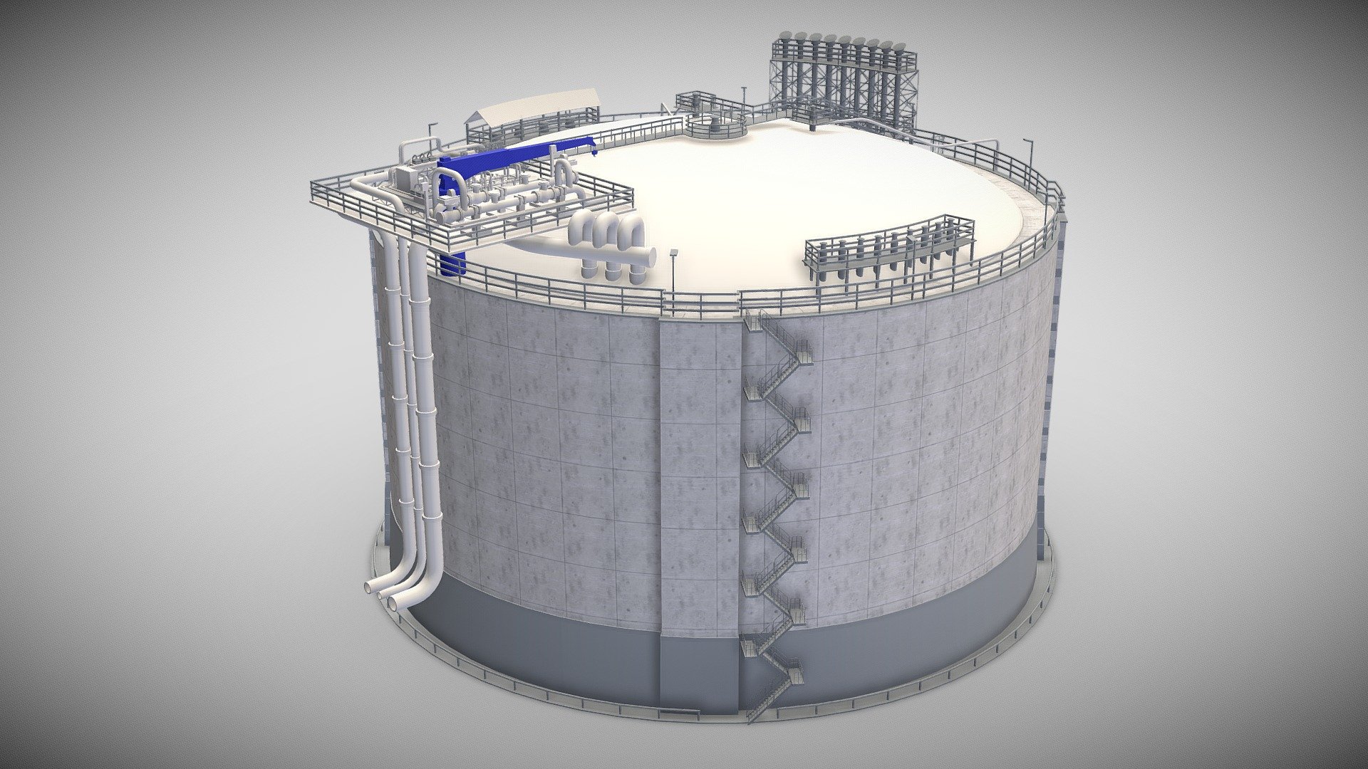 GENERAL

Used units: cm

Gas storage - Large cylindrical tank for liquefied gas.

The pipes are not logically connected.

Rendered with Corona Render or Scanline.

Not all objects have a UV map.

FILE FORMATS




MAX (3dsmax 2019; Corona Render and Scanline)

FBX (embedded textures)

OBJ

TEXTURES




All textures are in PNG format (2048x2048).

GEOMETRY

Polygons: 70 653

Triangles: 128 168

Vertices: 73 347



Best wishes for your creative project,
3D GEN Studio 3d model