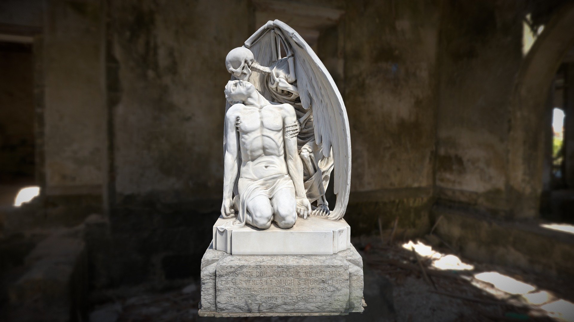 A lifelike marble statue of the kiss of death depicting an angel carrying a woman's soul to heaven, located in Poblenou Cemetery in Barcelona Spain. The statue was designed by Joan Fontbernat and sculpted by Jaume Barba’s workshop in 1930 - Kiss Of Death - 3D model by Soulbank 3d model