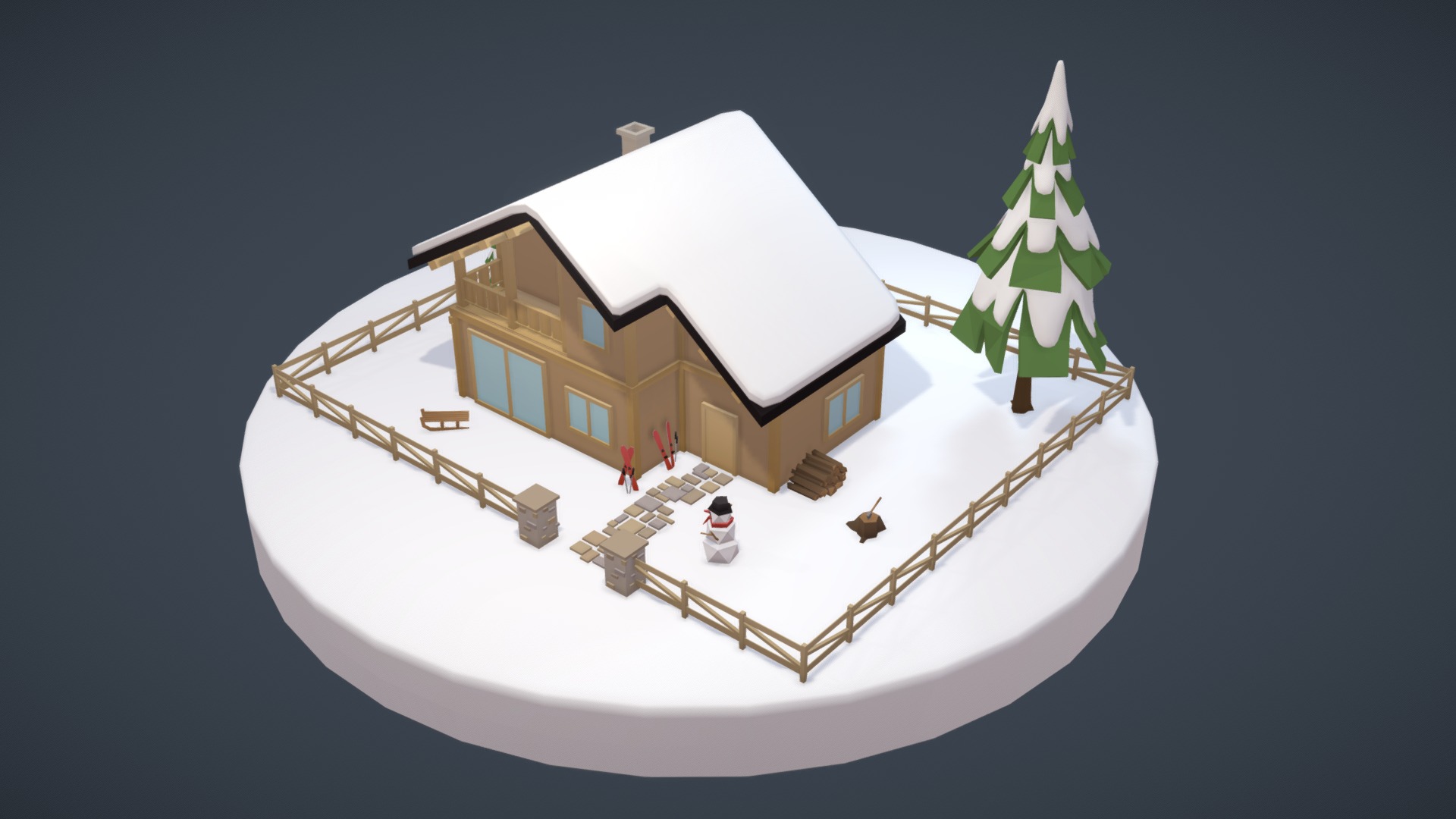 A low poly house and its close environment for ski resorts in the video game &ldquo;Snowtopia