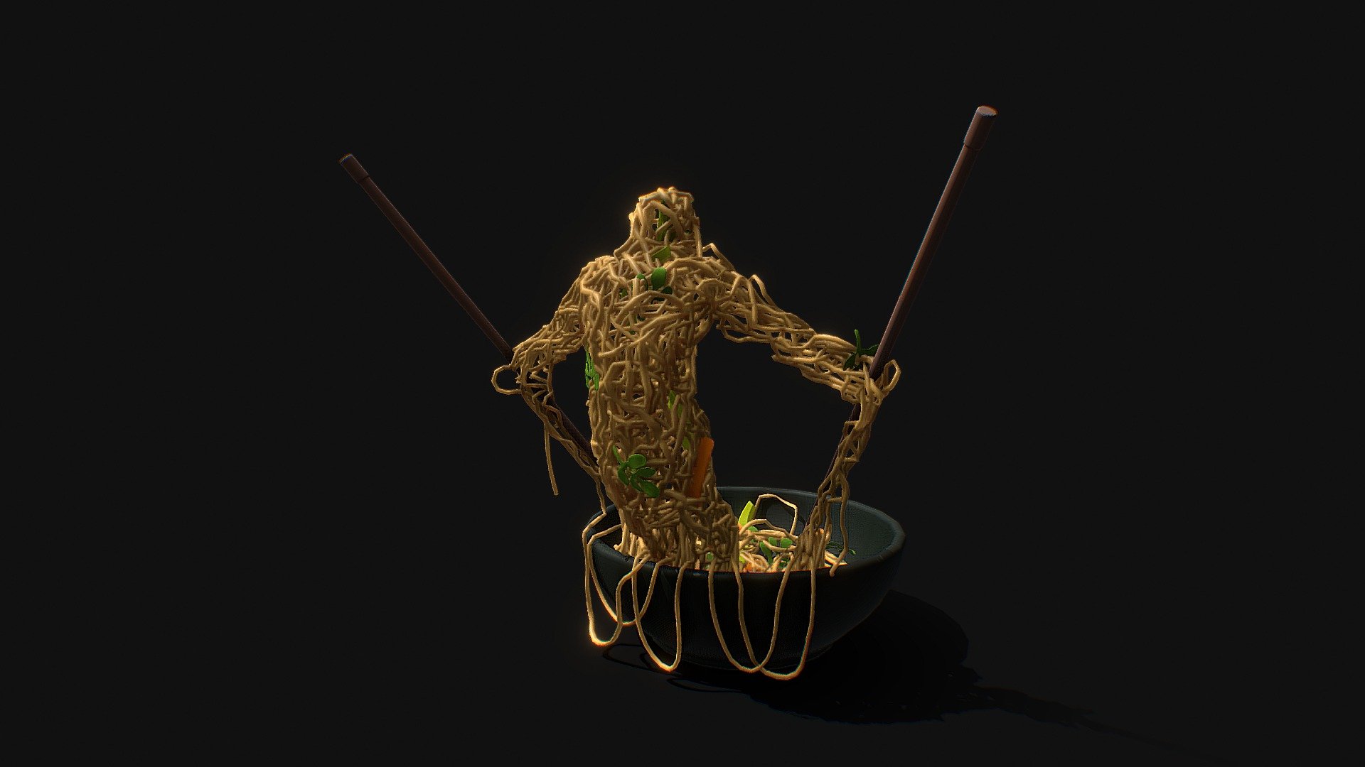 Spaghetti Slayer - A character which came into my mind when heard of Foodcharacter. 
He is a warrior to vanish hunger. 
The making of this art is as delicious as cooking it :) , enjoyed every strand of it.
Hope you all like this tasty food 3d model