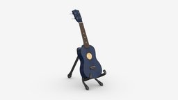 Ukulele soprano guitar blue with stand music, instrument, wooden, stand, guitar, playing, sound, string, acoustic, band, play, ukulele, hobby, tripod, sing, ethnic, folk, 3d, pbr, blue