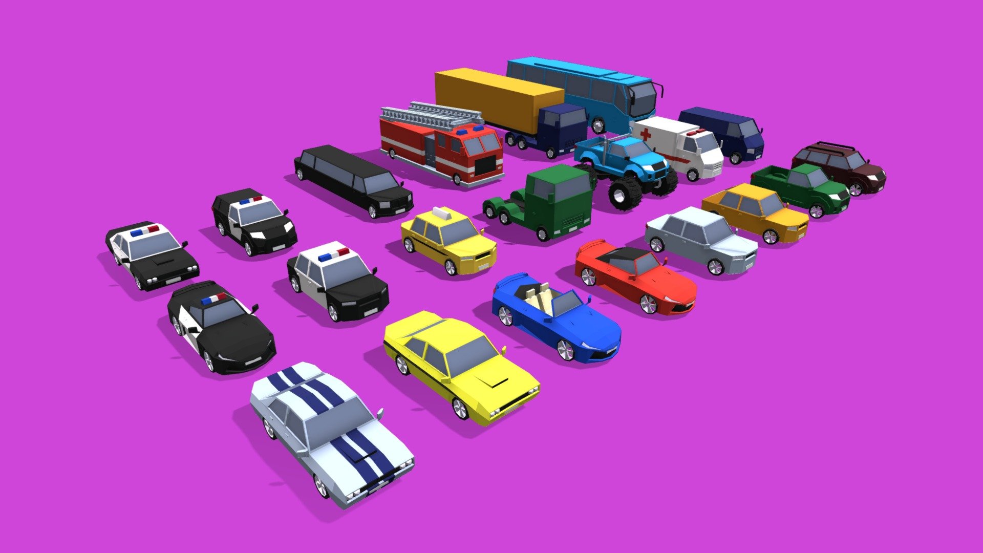 A free low poly game ready vehicles pack with separated wheels to use on your 3D games.

The colors are separated by materials, so yon can create new car colors easily.

Vehicles included:




4 Police cars (Sedan, Sports, Muscle, SUV)

2 Muscle

1 Sports

1 Roadster

1 Sedan

1 Hatchback

1 Pickup

1 SUV

1 Van

1 Ambulance

1 Monster Truck (Bigfoot)

1 Taxi

1 Truck

1 Truck with trailer

1 Bus

1 Firetruck

1 Limousine

Licence is CC0.

Enjoy it! - Free Low Poly Vehicles Pack - Download Free 3D model by RgsDev 3d model