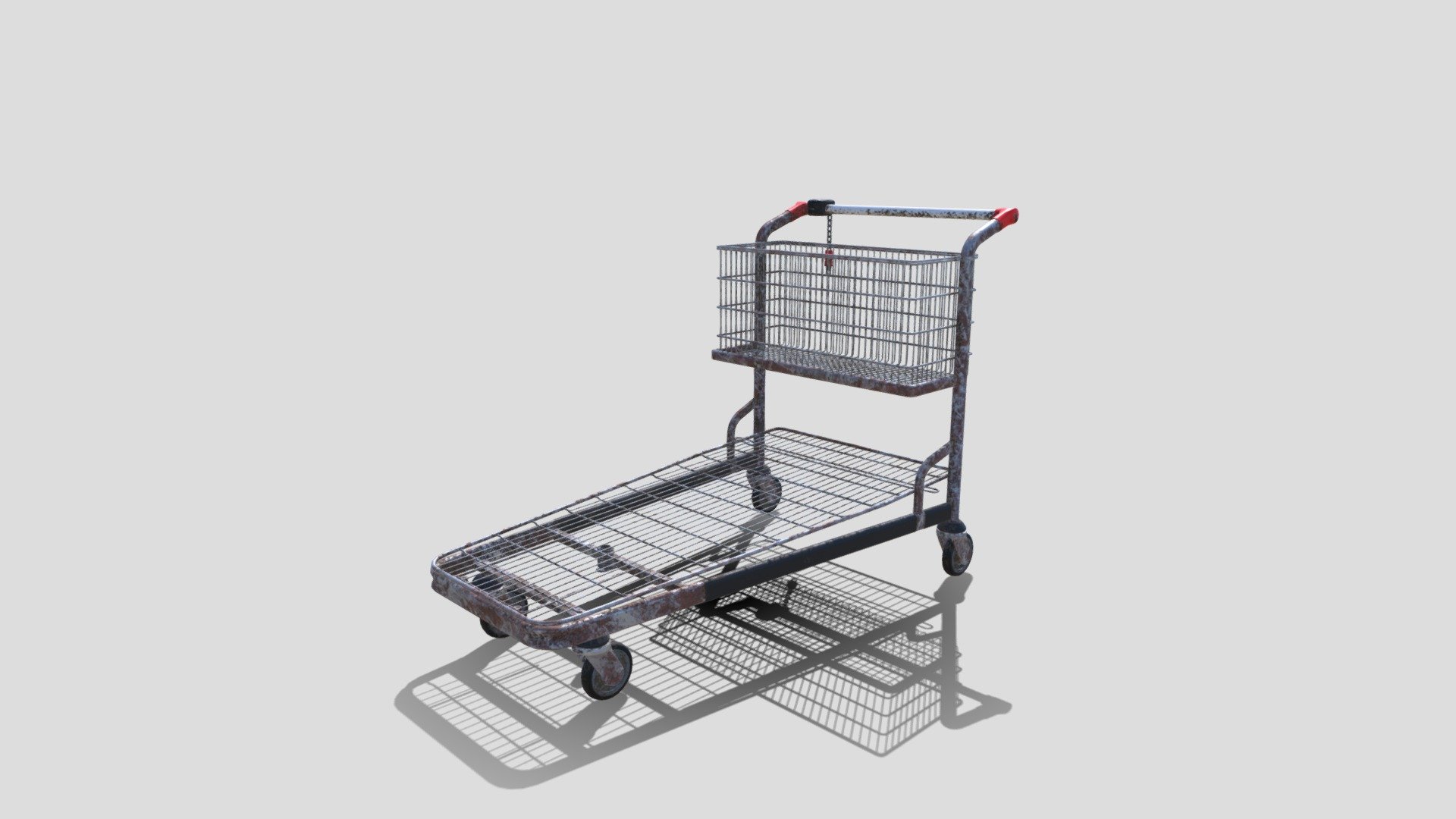 Shopping cart 3d model rendered with Cycles in Blender, as per seen on attached images. 
The model is scaled to real-life scale.

File formats:
-.blend, rendered with cycles, as seen in the images;
-.obj, with materials applied;
-.dae, with materials applied;
-.fbx, with material slots applied;
-.stl;

Files come named appropriately and split by file format.

3D Software:
The 3D model was originally created in Blender 2.8 and rendered with Cycles.

Materials and textures:
PBR material is being used, consisting of five 4k image textures (Base/Disp/Metallic/Normal/Roughness). 
Certain 3d softwares can possibly need texture re-assigning in order to get the proper material effect 3d model