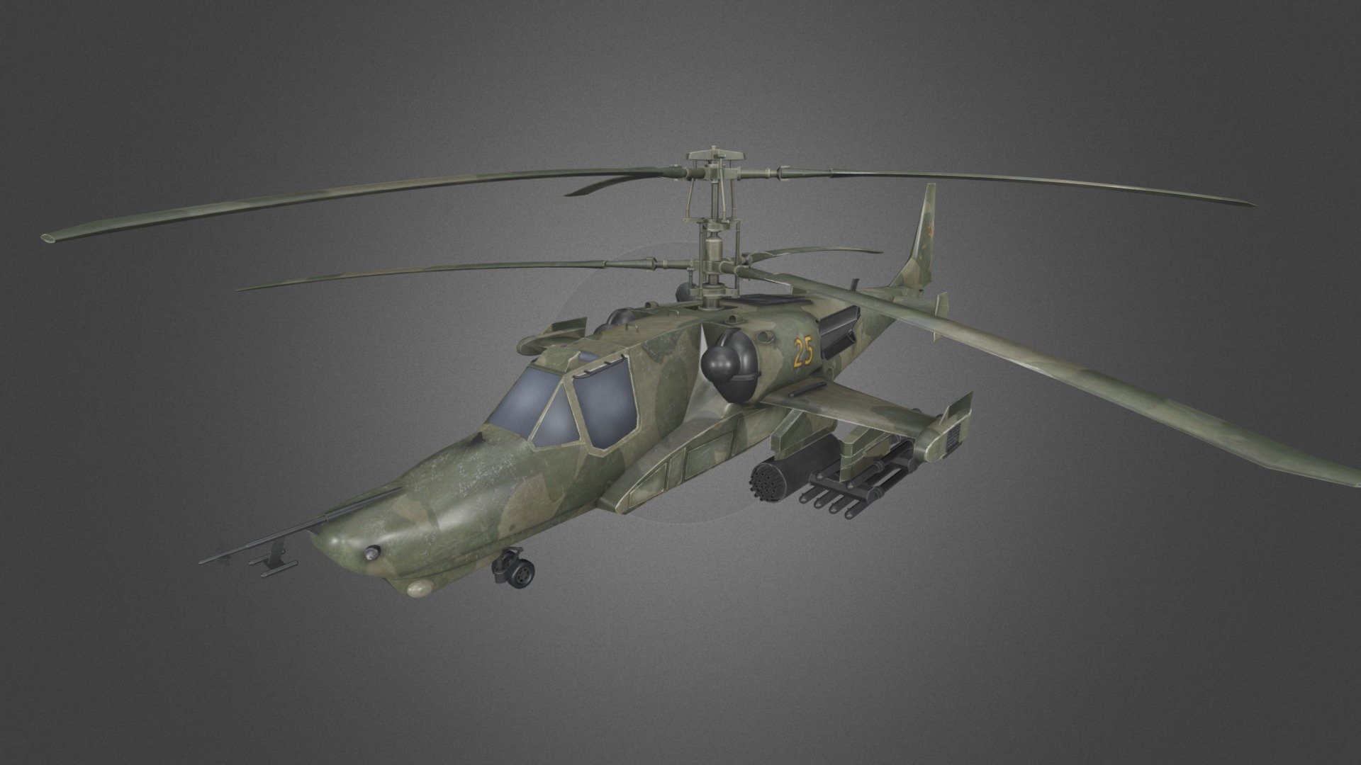 Low poly game-ready highquality and accurate 3d model of the Kamov Ka-50 Hokum Russian Attack Helicopter

Download: http://gamedev.cgduck.pro - Kamov Ka-50 Hokum Russian Attack Helicopter - 3D model by CG Duck (@cg_duck) 3d model