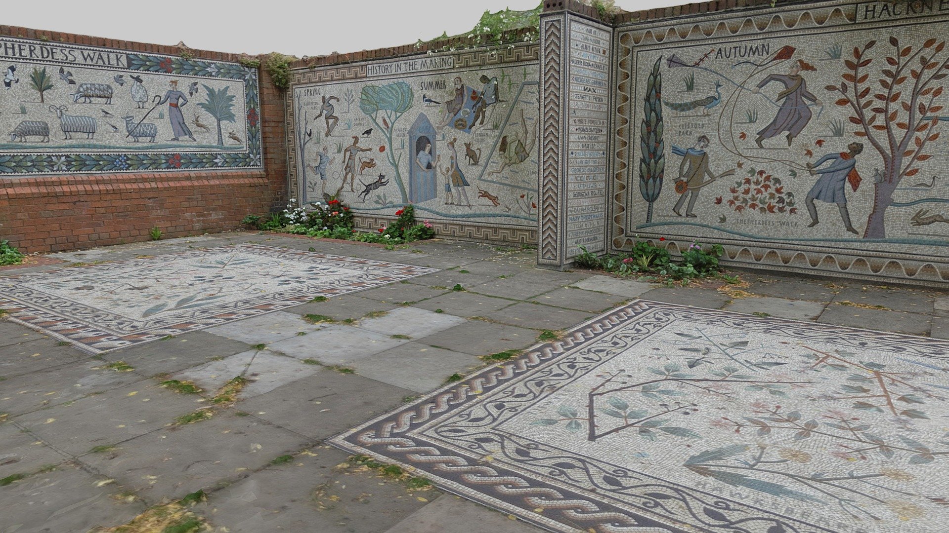 A set of mosaics in the north east corner of Shepherdess Walk Park, Hackney, London.

The mosaics are inspired by Roman mosaics and show scenes of contemporary life in Hackney.

Date: 2013. Designed by Tessa Hunkin.

https://hackney.gov.uk/shepherdess-walk

934 photos taken in June 2021 with a Sony a6000 and processed in Reality Capture 3d model