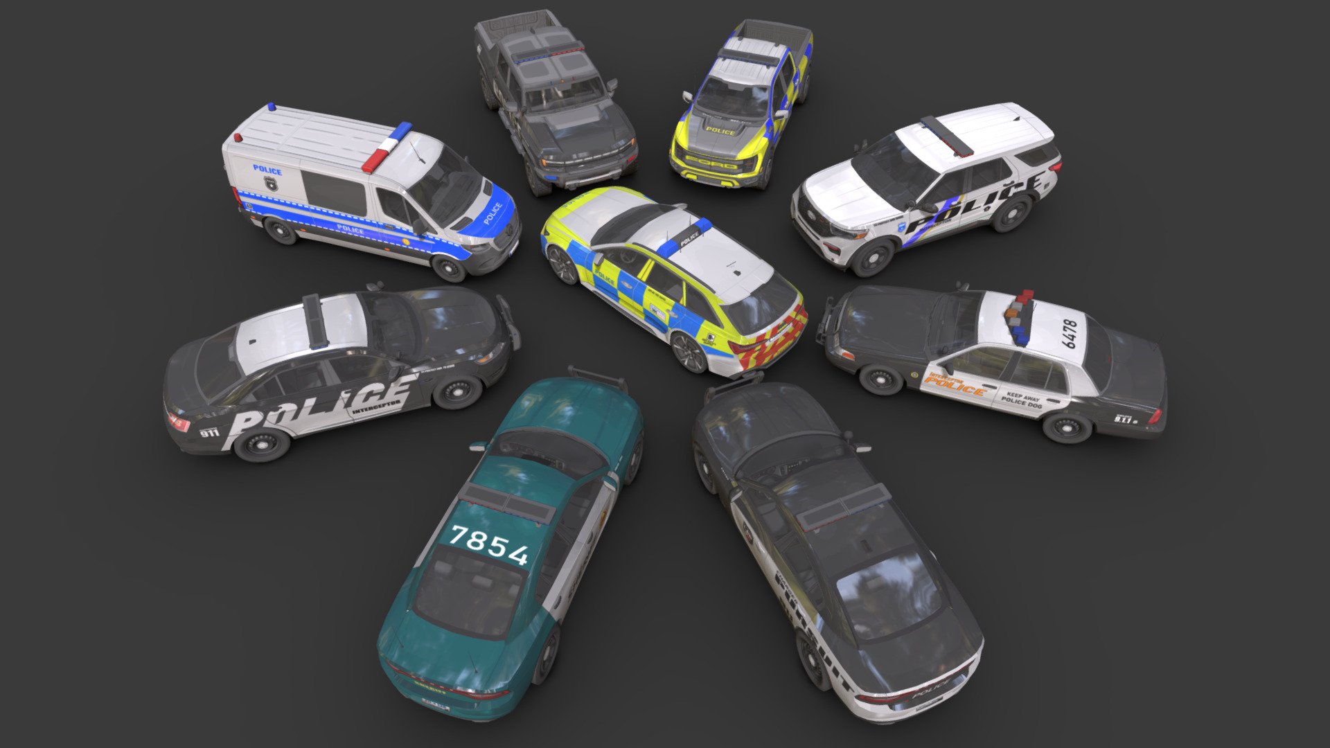 Police Cars Pack 2

This package has 9 car models

Low-poly

Average poly count : 30,000

Average number of vertices : 30,000

Textures : 4096 / 2048 / 1024

High quality texture.

format : fbx , obj , 3d max

Isolated parts (Door, steering wheel, wheels, body).
 - Police Cars Pack 2 - Buy Royalty Free 3D model by Sidra (@sajadrabiee.1994) 3d model