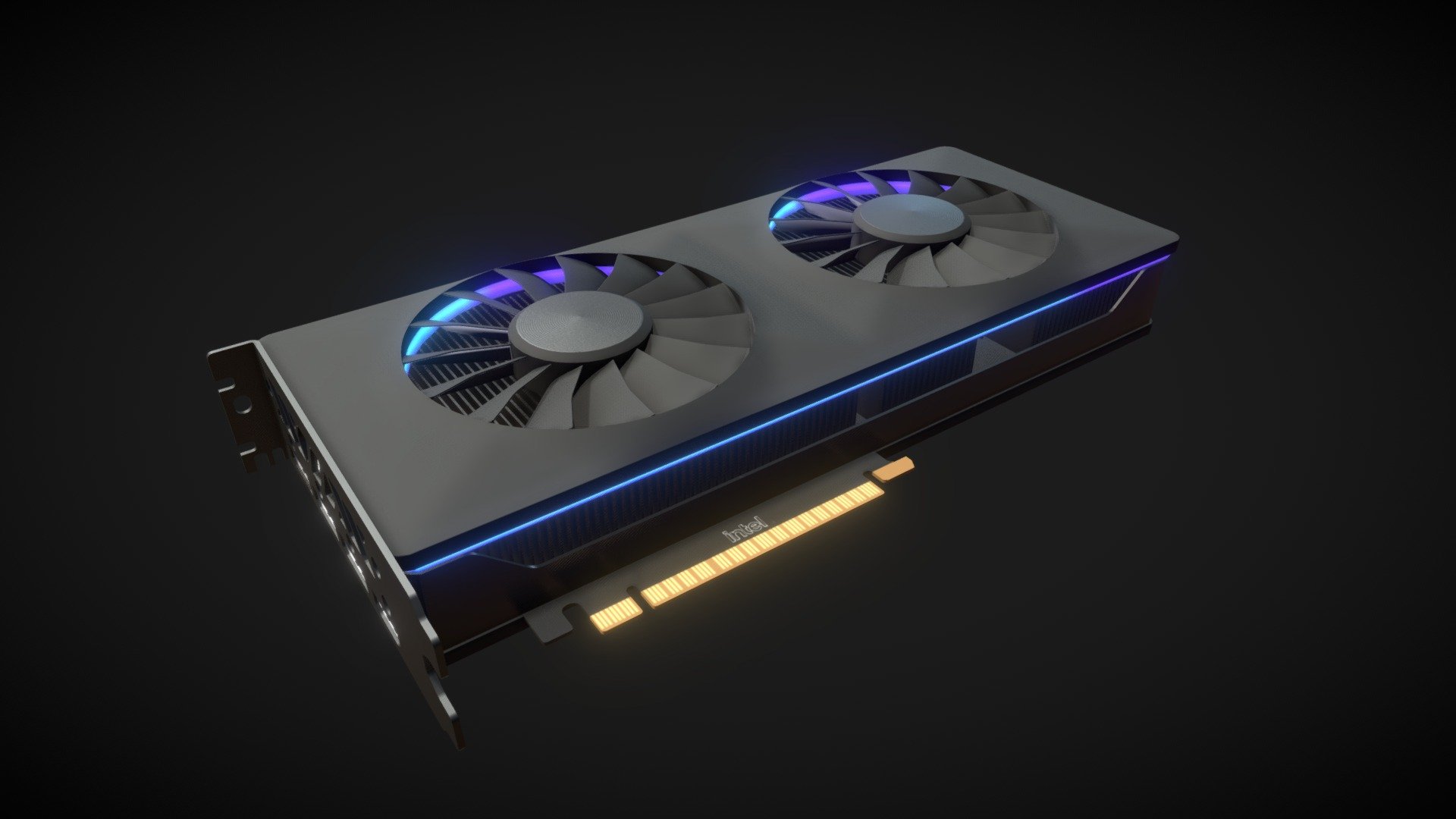 3D model of Intel's new reference desktop graphic card Arc A770.

Model was made, before the card's public avaliability from reference images and videos found on internet, so proportions might not perfectly match the actual product 3d model