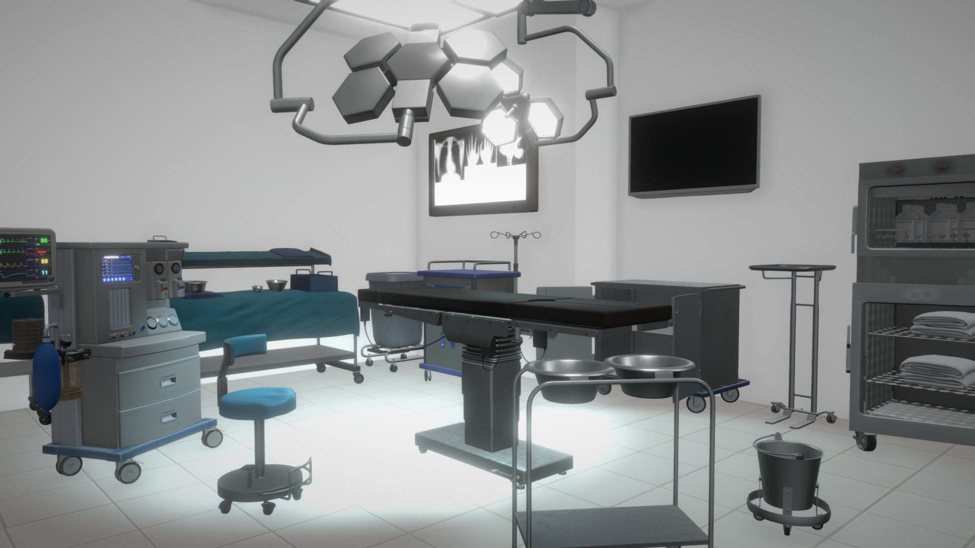 Low polygonal operating room models with PBR textures. Model also has additional archives with full resolution (40964096 .png)  and textures for the Unity MetalSmoothness shader 3d model