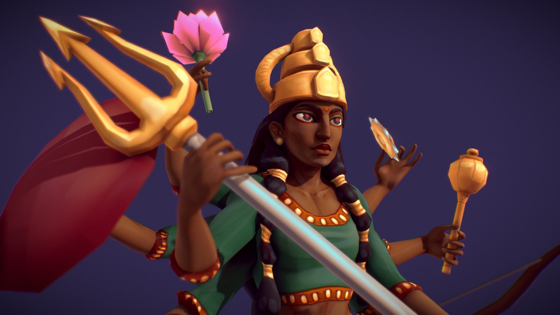 My rendition of the hindu goddess Durga for one of my school projects! We drew a lot of inspiration from Balinese hinduism in both the aesthetics and the story 3d model