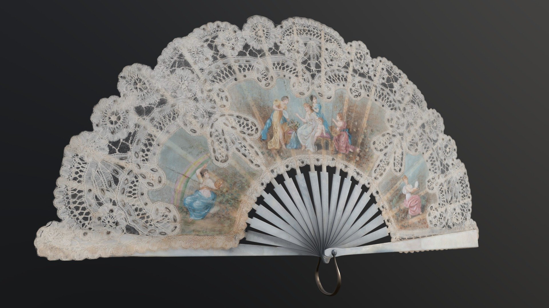 Russian empire (?)
1840s
Dimensions: 2.6 х 13.5 х 42 cm
Materials: mother-of-pearl, gauze, lace, copper, gouache 
Technique: carving, painting, braiding, embroidery - Folding fan with mythological scene - 3D model by AERO3D (@aero3d.ua) 3d model