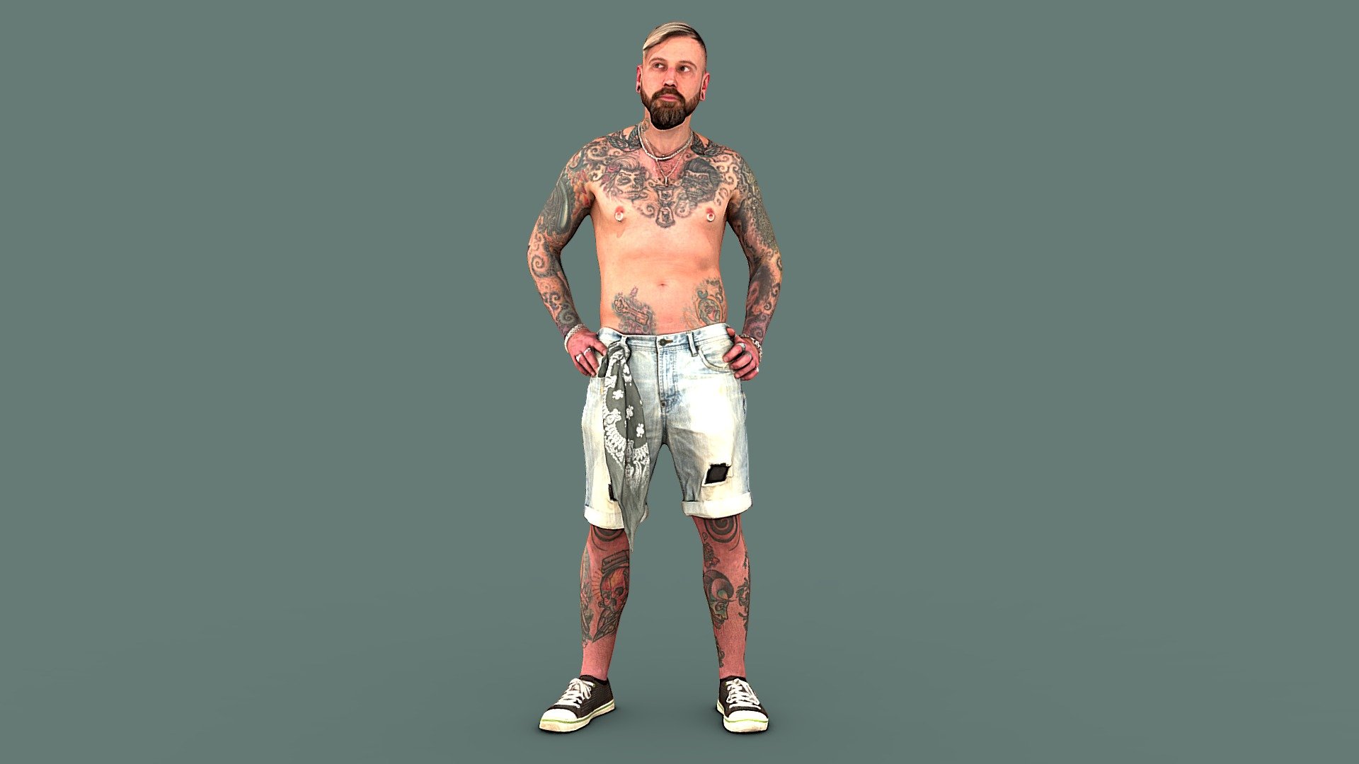 Follow us on Instagram 👍🏻

✉️ A young guy with a beard all in tattoos from head to toe, standing with a naked torso with arms akimbo. He has pierced nipples, tunnels in his ears, silver chains hang around his neck, bracelets and rings on his hands. He is wearing light blue denim shorts and sneakers.

🦾 This model will be an excellent mid-range participant. It does not need to be very close and try to see the details, it reveals and demonstrates its texture as much as possible in case of a certain distance from the foreground.

⚙️ Photorealistic Casual Character 3d model ready for Virtual Reality (VR), Augmented Reality (AR), games and other real-time apps. Suitable for the architectural visualization and another graphical projects. 50 000 polygons per model 3d model