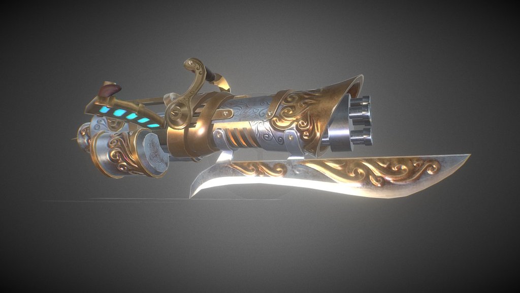 This is the weapon of a character I'm working on (personal project)
aaaaand you can download it for free.

The name is FAIRY SHOOTER because its bullets explode in blue like fairies (except they are deadly)
Now i'll put it on Unreal 4 and make some VFX for it haha - FAIRY SHOOTER - Download Free 3D model by voxarcana 3d model