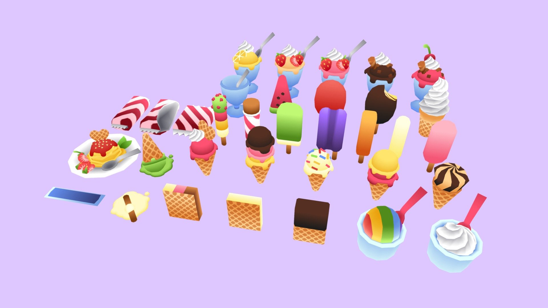 These cute and fun frozen treats are perfect for your lowpoly and mobile game needs.
Tris: 300tris average
Texture: 512x512px

These are part of &gt;Jacky's Lowpoly Ice Cream Pack&lt; on the Unity Assetstore.
https://tinyurl.com/jackysicecream - Lowpoly Ice Cream Pack - 3D model by Jacky Vintonjek (@JVintonjek) 3d model