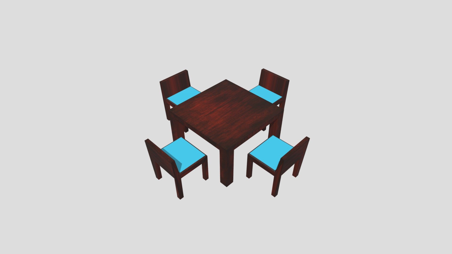 Square Cherry Wood Table with Four Chairs, Teal Seats. Perfect for a coffee shop or small kitchen scene 3d model
