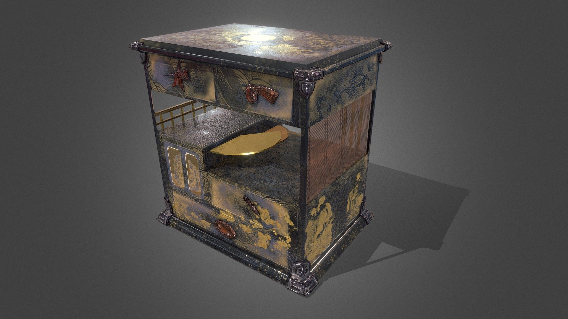 One of the small prop for my upcoming personal project.

The design is based on traditional japanese paintings.

Still have a lot to learn about texturing workflow :) - Japanese Lacquered Drawer - Download Free 3D model by Calvin Dong (@CalvinDong) 3d model
