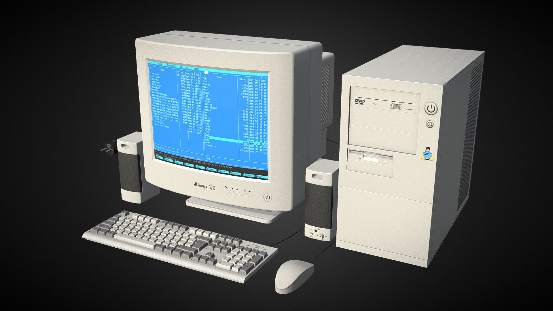 A low-poly old computer with CRT-monitor and ball mouse.
5 texture packs (BaseColor, Normal, Roughness, Metallic) — for system unit, keyboard (the keyboard has no metallic elements so it hasn't metallic texture), monitor, mouse and power plug, sound column. All textures are png, 2048×2048. Additional texture for the screen.
The size of the entire model is 91×76×44 cm, but you can reconfigure it (move monitor or keyboard, delete power plug or mouse etc) 3d model