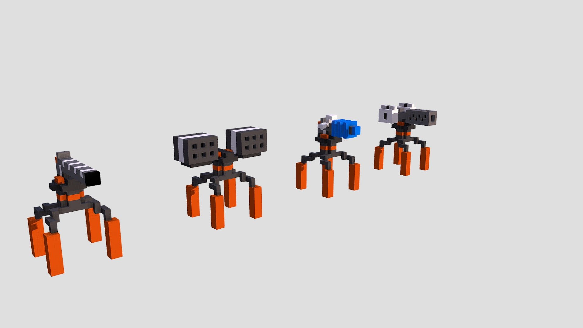 Some voxel turrets I made in a few minutes using Qubicle! From left to
 right the turrets are Normal, Rocket, Shock and flame 3d model