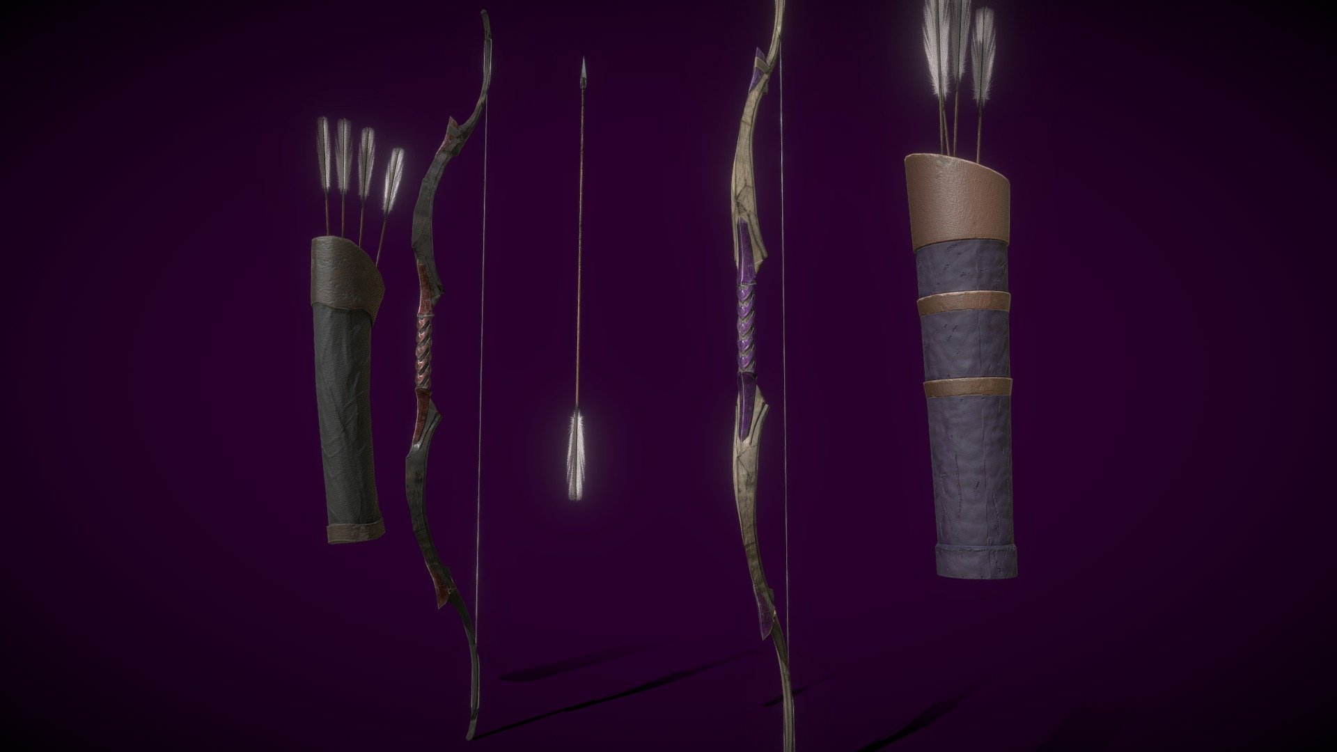 A game ready low poly bow arrow and quiver Set, Perfect for rig and animation.
Feathers are made using opacity map.

wooden bows with 2 variation in each asset - Bow, Arrow and Quiver - Buy Royalty Free 3D model by DivyeSh PanchAl (@DivyeSh.PanchAl) 3d model
