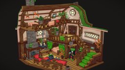 Mr. Frogges Woodland Cabin room, grass, dream, frog, cabin, hut, woodland, isometric-room, blockbench, lowpoly, voxel, house, wood, fantasy, interior, pixelart, woodlandhideawaychallenge