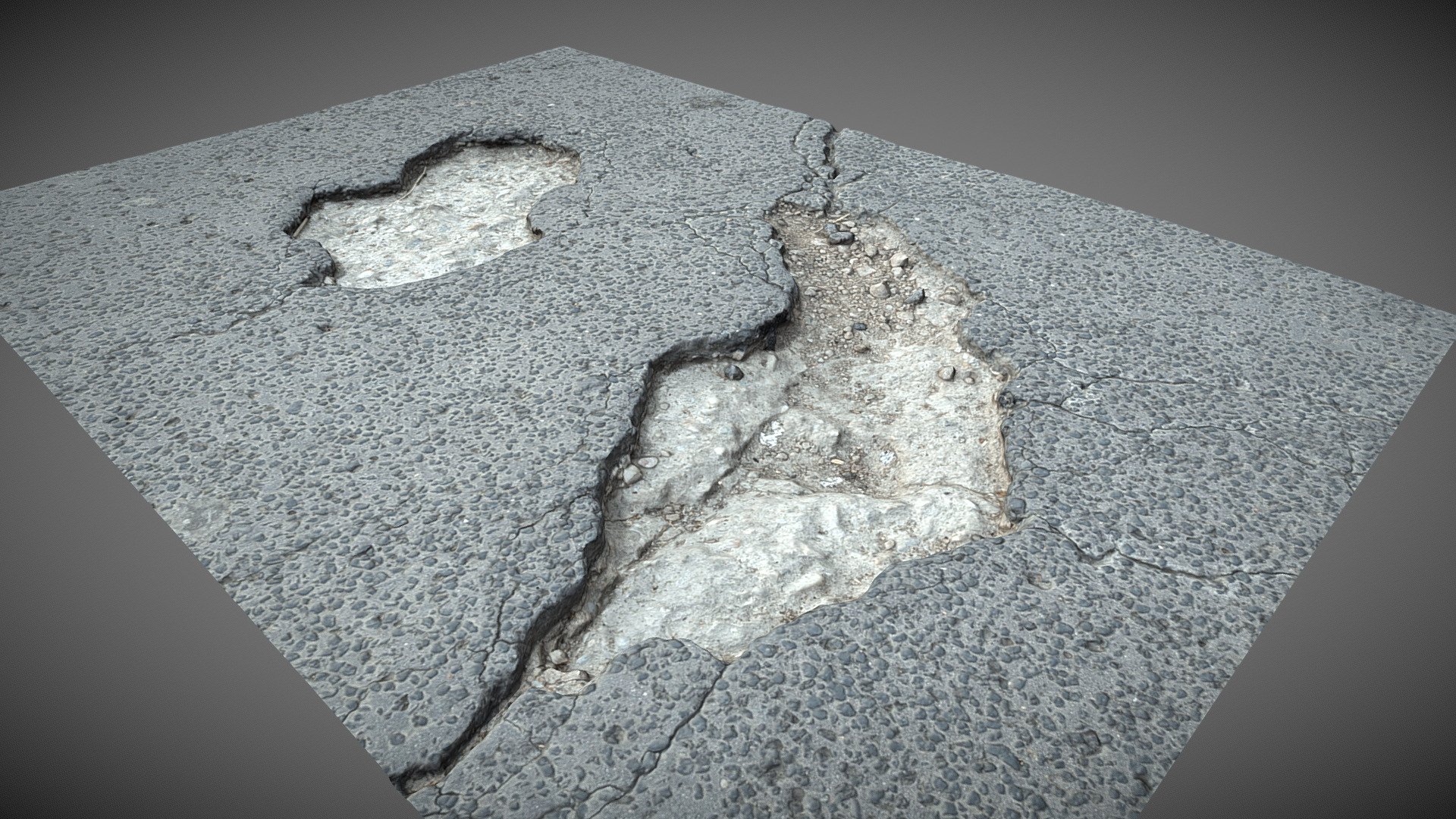 3D scan of damaged asphalt from the road with missing part of the asphalt forming a holes, cracks radiating to the sides. Exposed road bottom under the asphalt made out of different material. Visible small stones and dirt.

Reconstructed from 89 DSLR images.

8k texture and normal - Damaged asphalt with holes and cracks - Buy Royalty Free 3D model by Goromor (@gorllu) 3d model