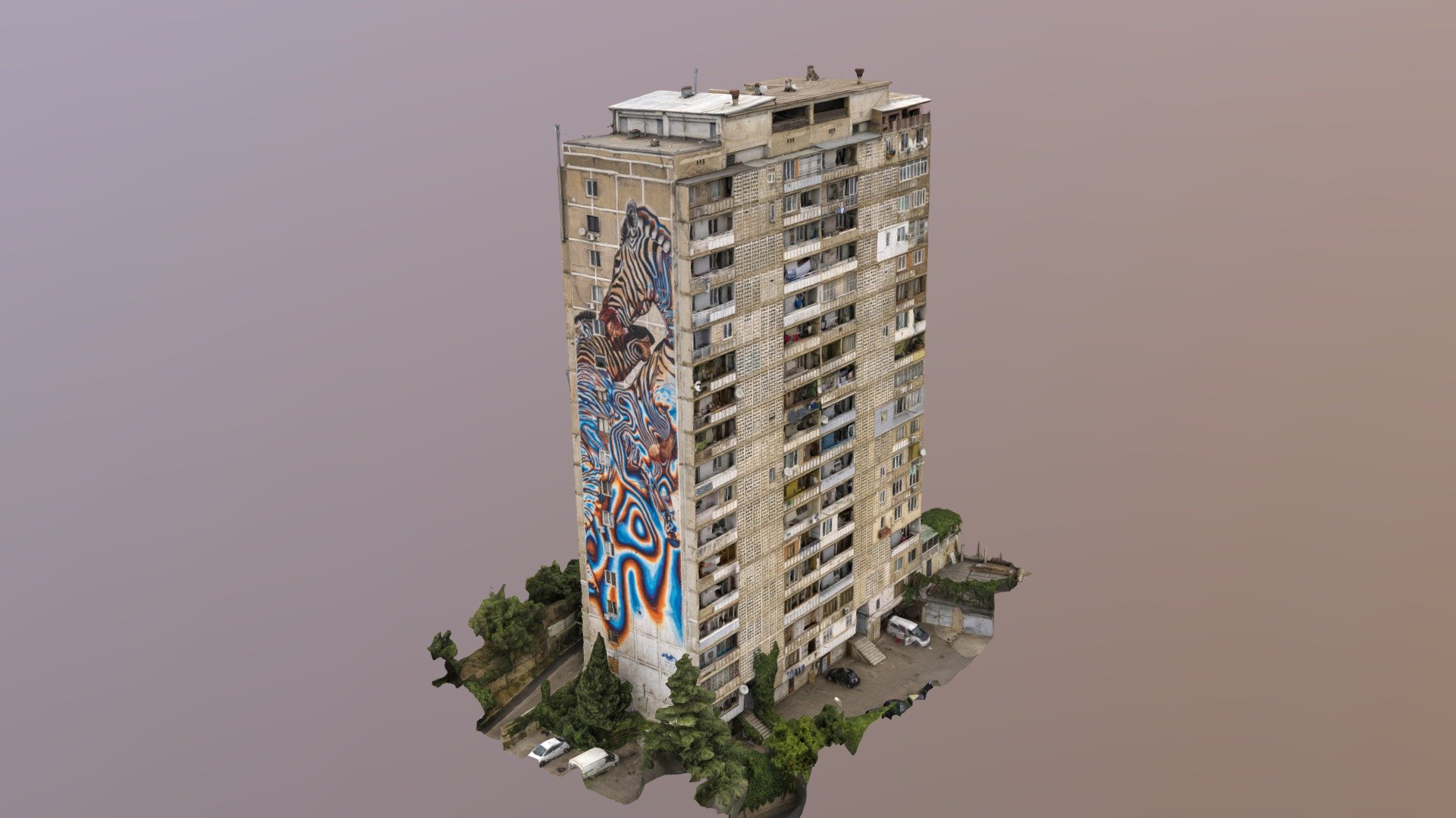 Found this apartment building while flying around Saburtalo district of Tbilisi. Unfortunately I could not reach its further side due to conneciton issues.
Location

Shot on DJI Mavic Air 2

Processed with Agisoft Metashape - House with Zebras Mural (half) - Download Free 3D model by Nik (@nikska) 3d model