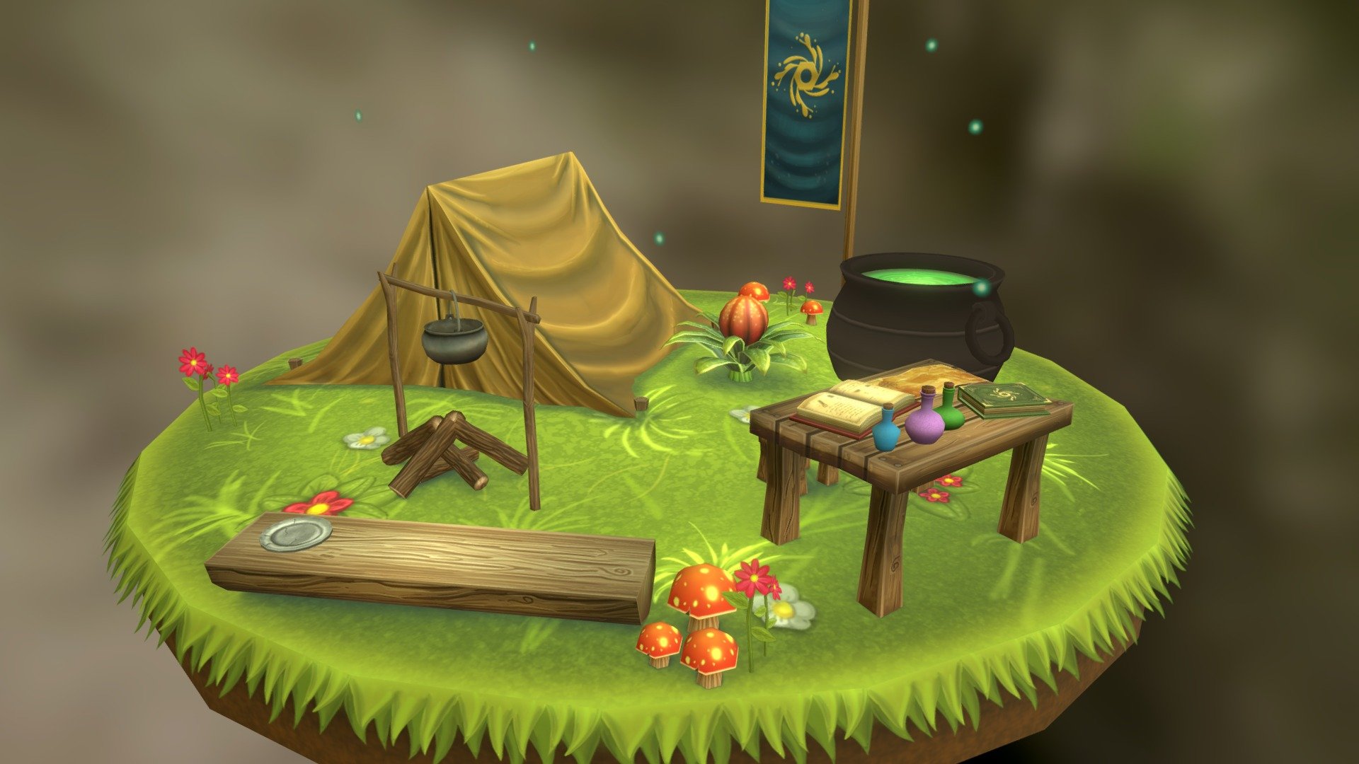 Hand painted low poly camping 3d model