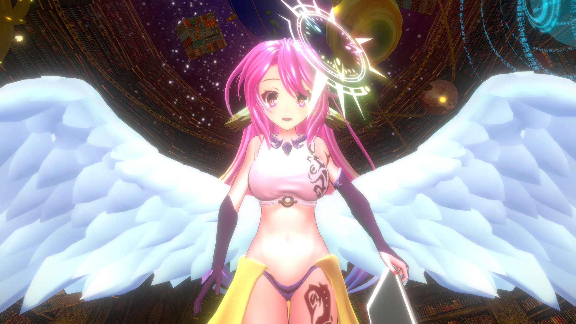 No NFTs.
Twitter - https://twitter.com/codealdnoah
Discord - https://discord.gg/kWFfvUh

Jibril from NoGameNoLife !

This model originally came off as a comission, but somehow it ended up being a full-fledge scene, featuring the Library of Elchea.

VRChat model is avaliable for Unity 2017 - Current version of VRChat, 
An update will be coming soon for this model once VRChat finalizes their beta, join my discord channel to receive updates 3d model