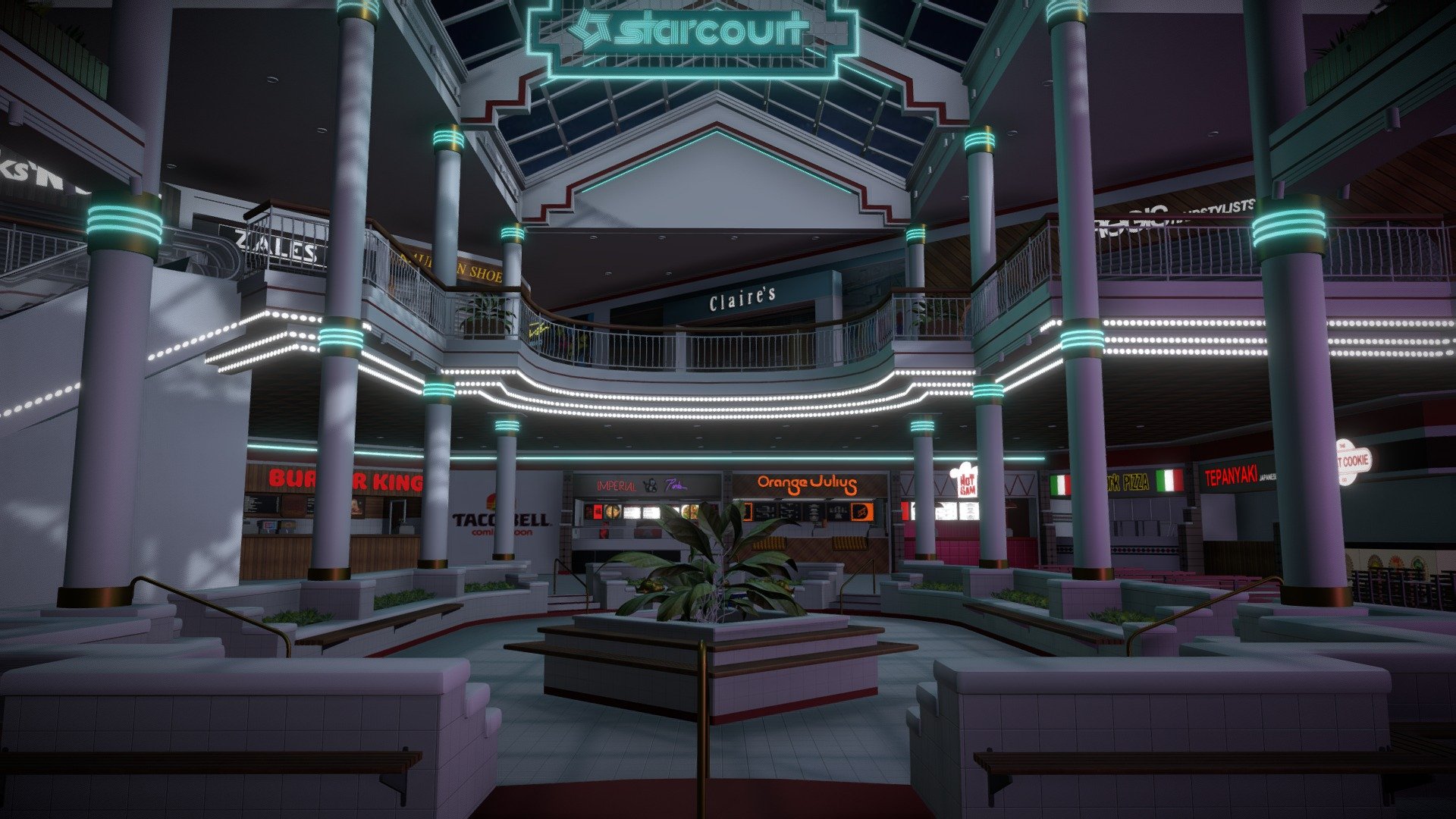 After the success of My Starcourt Mall exterior, I decided to take on an even bigger challenge and model the Mall interior. I focused on the food court and shops featured in the show only. It was a fun project and it took about a week to put together but as it's an ongoing project, more details will be added when I find the time between contracts. 

Shops featured are&hellip;
The Gap, Sam Goody, Waldenbooks, Claire's, Zales, Kaufman Shoes, Jazzercise, Wicks &lsquo;N' Sticks, Regis Hairstylists, Lovelace Lingerie, SHAPES Activewear Outlet, The Game Player, Starcourt Cinemas, Time-Out Arcade, Flash Studio, Food Court, Scoops Ahoy, Hot Dog on a Stick, The Great Cookie, Teppanyaki, New York Pizza, Orange Julius, Burger King, Hawkins’ Heroes, Hot Sam Pretzels, Imperial Panda,Taco Bell

Huge thanks to all those who helped by providing photos, videos and Blueprints, without those I couldn't have made it at all :)

This model is not for sale or downloadable. Any abusive comments will be reported&hellip;You have been warned! - Starcourt Mall Interior (Stranger Things) - 3D model by paulelderdesign 3d model