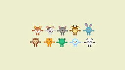 Animal Cute Pack monkey, cow, rabbit, cute, tiger, snowman, animals, panda, frog, deer, fox, koala, blender, lowpoly, model, cute_animal