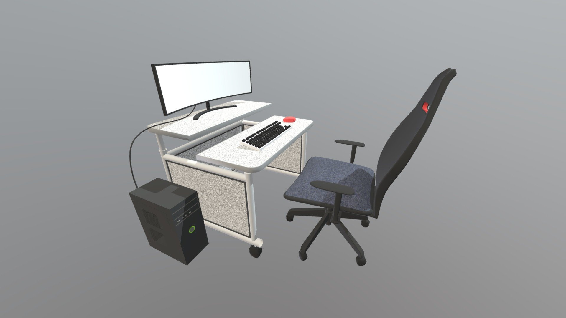 PC setup with wide screen monitor and gaming chair 3d model