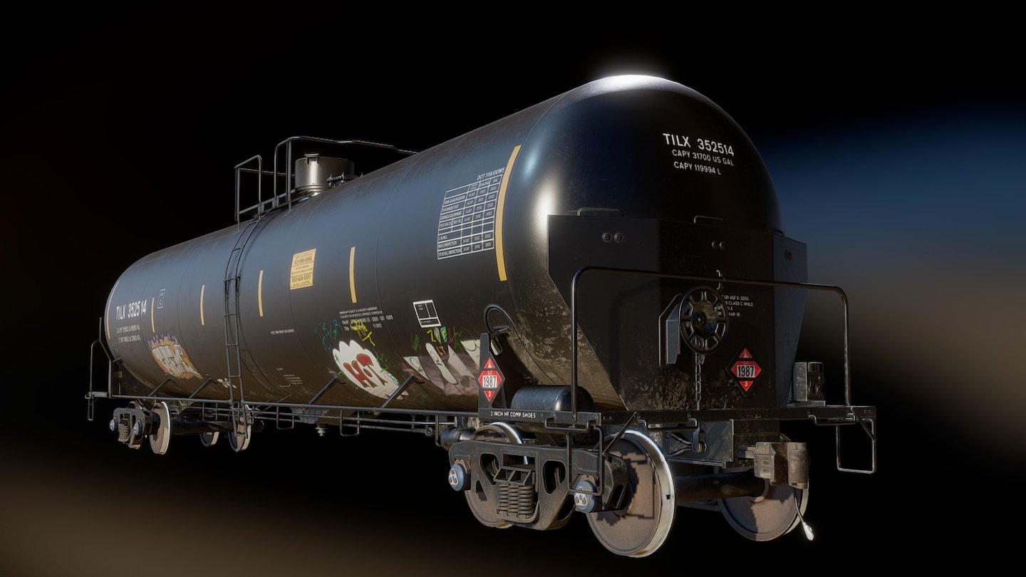 This is part of the Unreal 4 Florida Megascans environment I'm currently working on. Total polycount is about 150,000 including both wheel sets and the tank car chassis. The wheel sets use a 4k material. The chassis uses an 8k material. Be sure to view in HD to see the full resolution of all textures.

Textured entirely with Quixel SUITE 2! - TrinityRail 31,700 Gallon Tank Car - 3D model by Synaesthesia 3d model