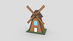 Windmill tower, wind, exterior, prop, farmhouse, mill, farm, windmill, low-poly, asset, game, pbr, house, wood, building, simple