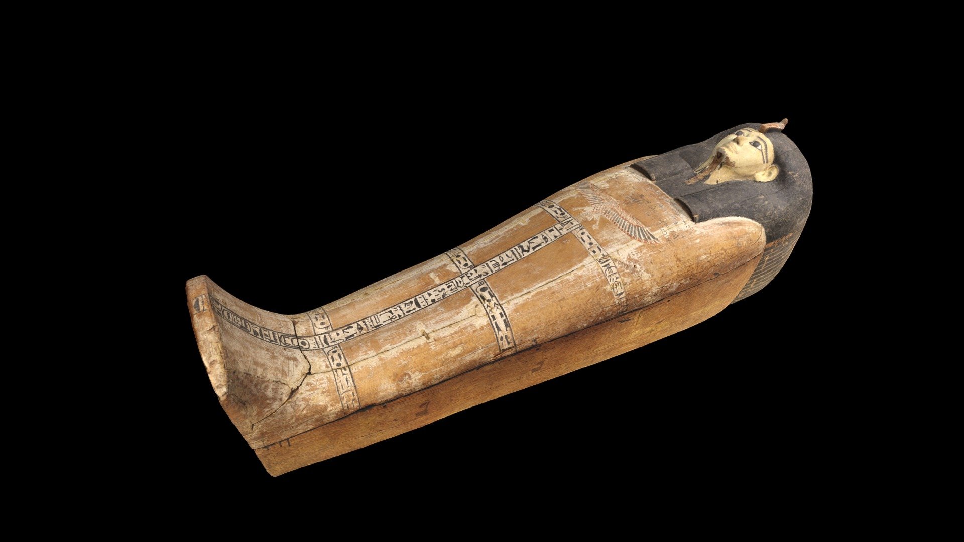 Wooden coffin of Pharaoh Amenhotep I of the 18th Dynasty in the Egyptian Museum, Cairo, Egypt.  This coffin is the one in which his body was recovered in the Royal Mummy Cache in tomb DB320 in 1881.  However, it is a replacement coffin, having been origianlly made for a priest by the name of Djehutymose.  The inscription down the front of the coffin calls upon the god Osiris-Wennefer to provide offerings of bread, beer, oxen, fowl, and all good and pure things to Amenhotep I.

Created from 284 photographs (Canon EOS Rebel T5i) using Metashape 1.5.4.  The base of the coffin was not available for scanning and has been recreated using Meshmixer 3.5 - Coffin of Pharaoh Amenhotep I - 3D model by danderson4 3d model