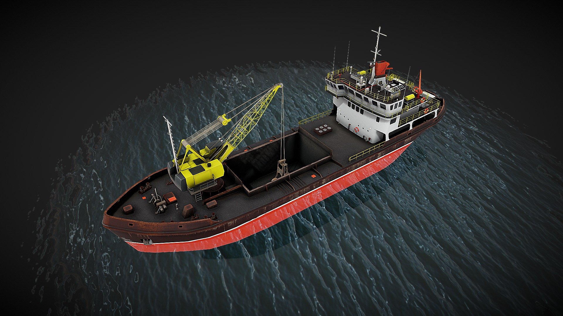 Game ready river ship. Model scale Unity engine. The ship's crane and its bucket are separated from the main model to allow animation of the crane's operation. Also, by removing the crane, you get a regular ship 3d model