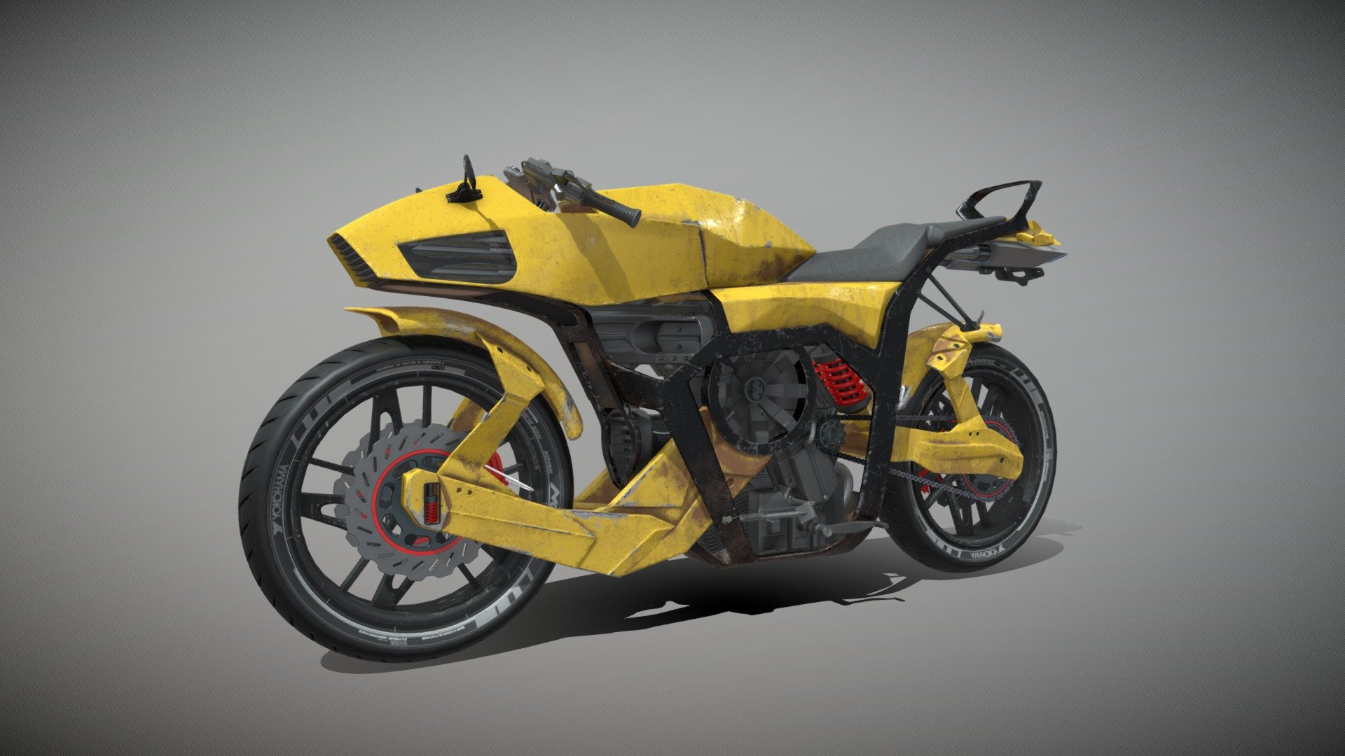 I fully designed this motorcycle as an exercice of design. This model has nothing to do with any design team. The UV are developed, the motorbike is accountable with any game engine or other 3D software. High quality polygonal model -Models resolutions are optimized for polygon efficiency.
Details about the project : 
https://www.behance.net/gallery/96956243/Futuristic-motorcycle

Animation :
- Shock absorbers are functional
- The bike can turn
- The wheels turn, the chain too

Creating a design from scratch takes way more time than reproducing an existing one. This is why prices are a bit higher than some other products. The advantage is that my designs are royalty free, that means you can use it in any support 3d model