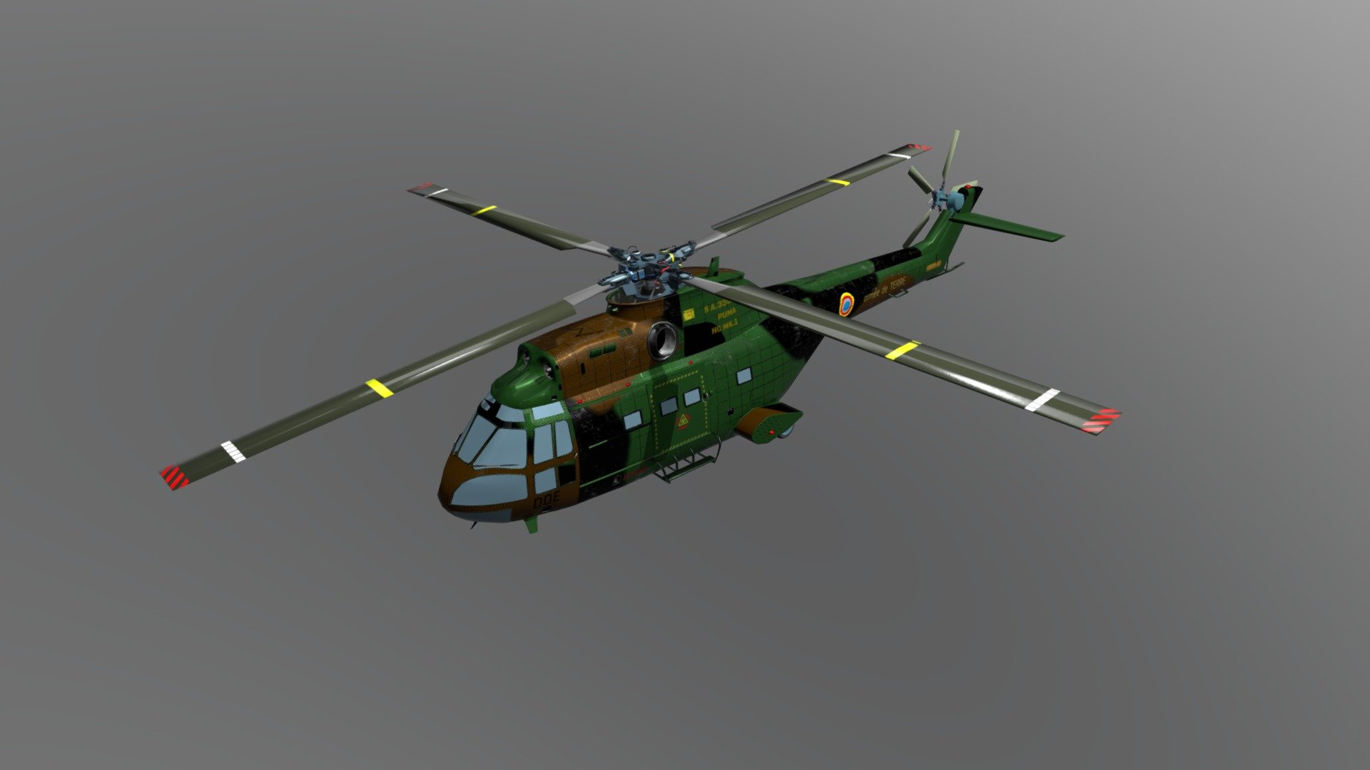 Helicopter Aérospatiale SA 330 Puma

Modeled in Blender 3.1.2
Textured in substance painter
Render in cycle - Helicopter Puma - 3D model by Medeixo 3d model