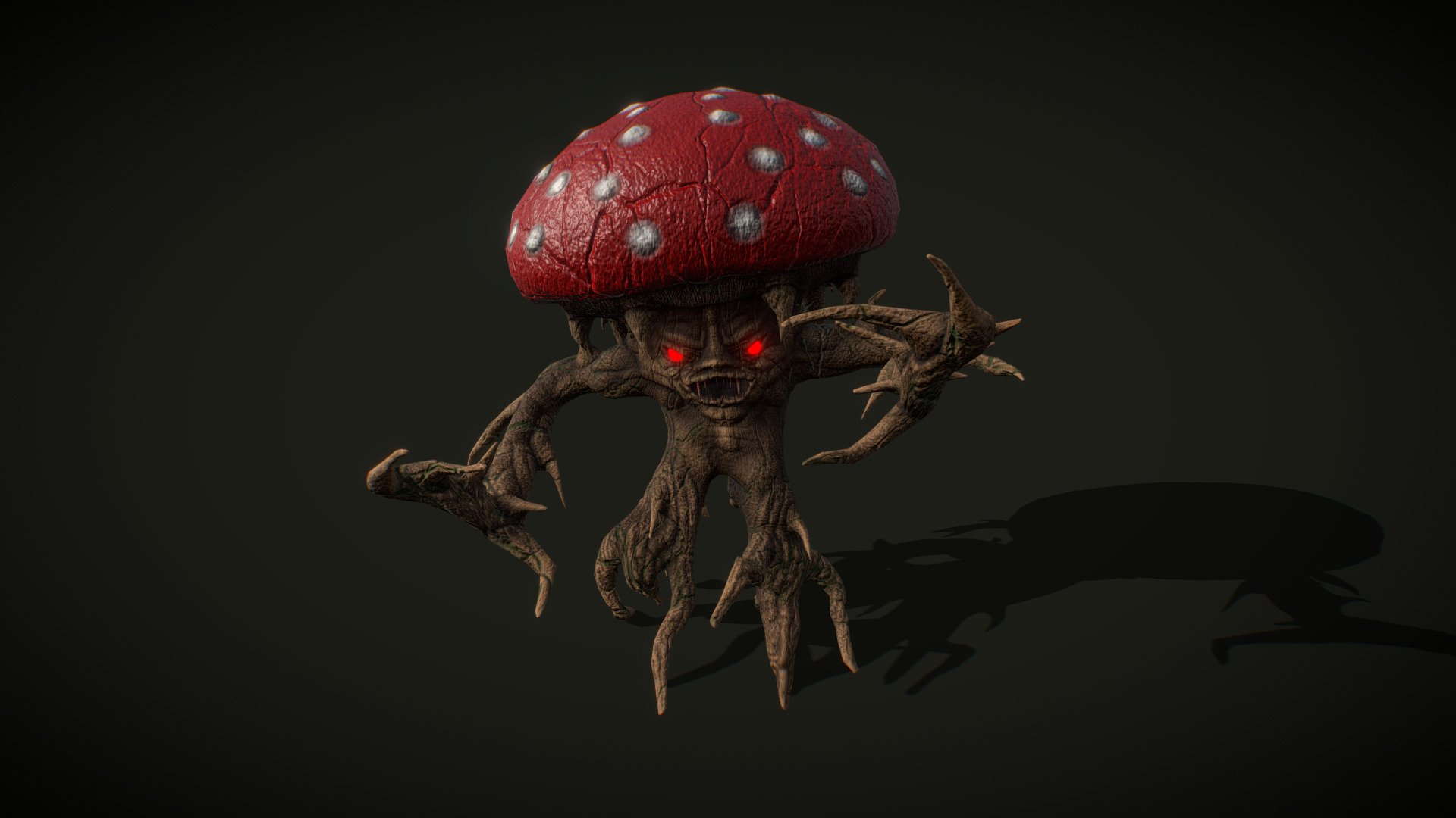 Contains 2K PBR Textures(3):


https://www.artstation.com/artwork/xJ5Yvm

Model of a evil mushroom character. Has full armature rig. No animations 3d model