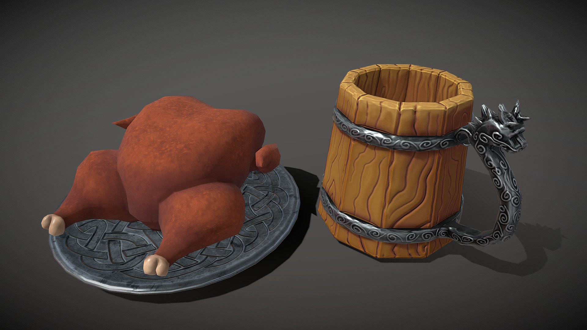 Attention to every viking! 

Stylized fantasy low poly game asset in cartoon handpainted style. Hand painted game ready low poly beer mug and roasted chicken dish prop.



Textures:
Beer mug: Color, Metalness, Roughness, Normal map

Chicken: Color and Roughness 

Plate: Color and Normal Map

All textures are 2K PNG files.



Ideal for fantasy tavern, kitchen, pub, viking feast and table setting environment. Please check other stylized props in my collection and feel free to connect with me if you have any questions 3d model