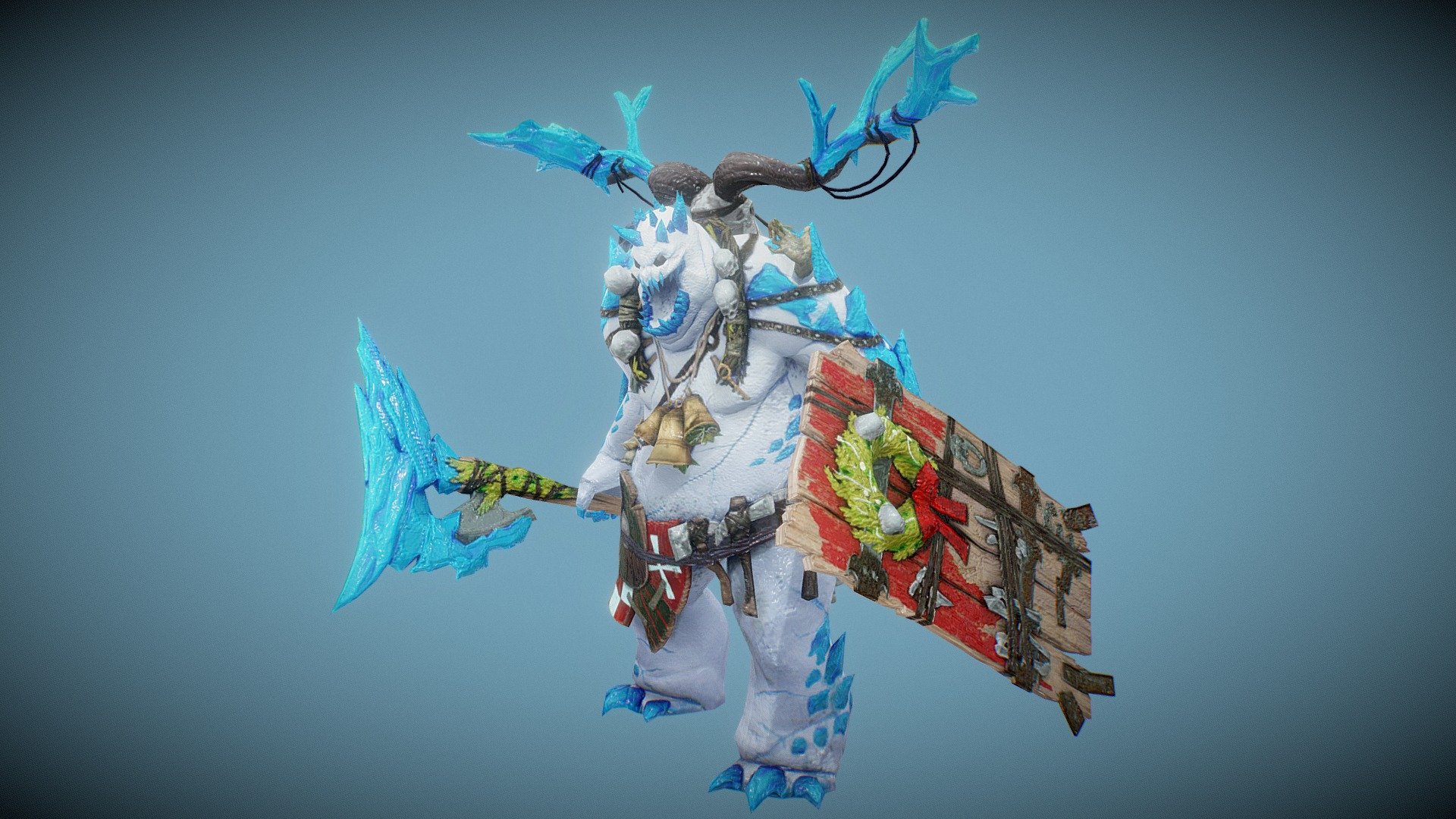Lowpoly annimated model of Monster yeti s a towering yeti clad in frost-encrusted armor, wielding a massive axe forged from ancient ice. With each swing, it brings down the chilling wrath of the frozen tundra. Include nude meshes This character would work well as an NPC, a rank-and-file enemy, or a boss for a fantasy game. This character is of different proportions than the standard Epic Skeleton. The visualization of this character was done in Blender, Substance Painter. The rendering result in other versions with different settings may vary.

+animations unique animations: Idle, Light attack, Critical attack,Death,scary scream,victory position,rest position.

+Total poly count for each body version (include weapons)

+Rigging use FBX skin. Full body rig and basic facial rig.

Let me know if you have any questions, I’ll be glad to help! - Ice Monster yeti - Buy Royalty Free 3D model by Luna Studio (@StudioLuna) 3d model