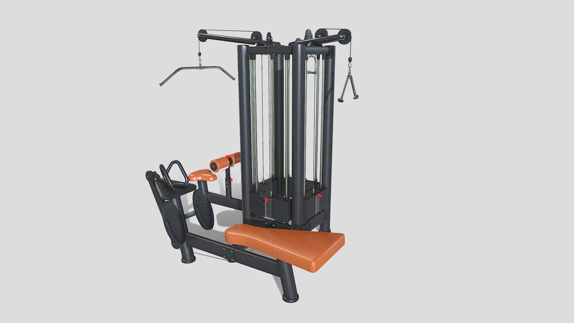Gym machine 3d model built to real size, rendered with Cycles in Blender, as per seen on attached images. 

File formats:
-.blend, rendered with cycles, as seen in the images;
-.obj, with materials applied;
-.dae, with materials applied;
-.fbx, with materials applied;
-.stl;

Files come named appropriately and split by file format.

3D Software:
The 3D model was originally created in Blender 3.1 and rendered with Cycles.

Materials and textures:
The models have materials applied in all formats, and are ready to import and render.
Materials are image based using PBR, the model comes with five 4k png image textures.
Preview scenes:
The preview images are rendered in Blender using its built-in render engine &lsquo;Cycles'.
Note that the blend files come directly with the rendering scene included and the render command will generate the exact result as seen in previews.

General:
The models are built mostly out of quads.

For any problems please feel free to contact me.

Don't forget to rate and enjoy! - 4 Multi Station Jungle Machine V1 - Buy Royalty Free 3D model by dragosburian 3d model