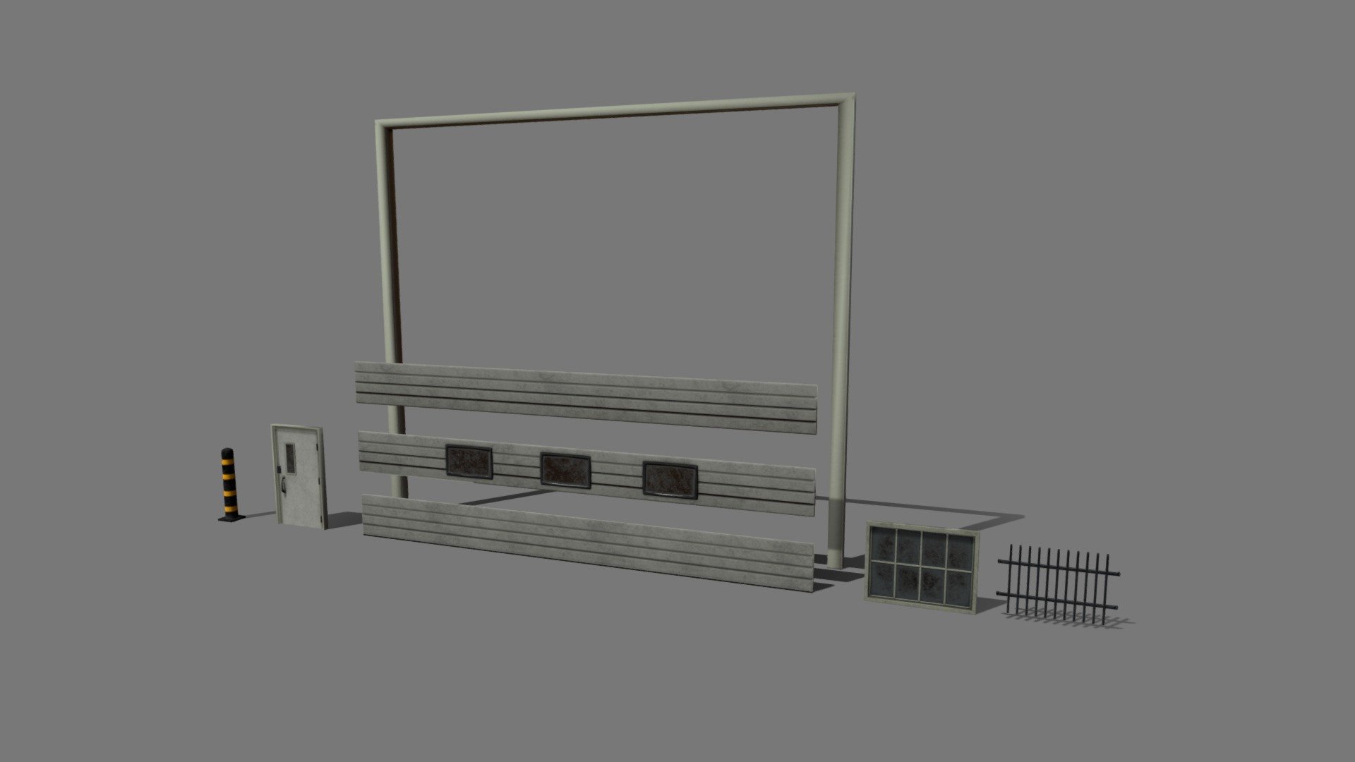Here is a building kit for some worksite doors and windows I created as part of my final major university game project called Carnage.

This is the version that just shows the kit in it's parts 3d model