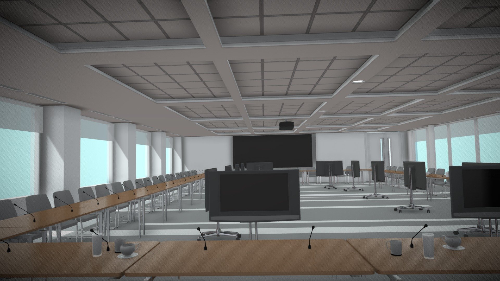 Detailed 3d model of Conference hall interior a with panoramic backdrop 3d model