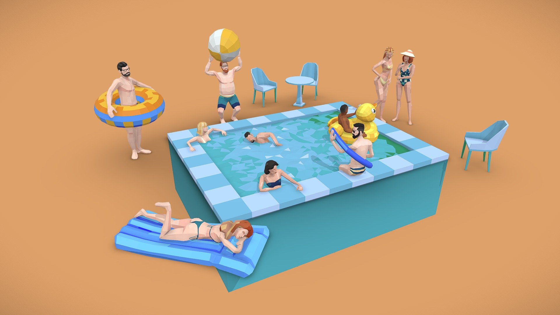 A group of people delighting in swimming and leisure at the pool.




Low-poly design for optimized performance

Non-rigged, drag and drop, easy-to-use static meshes

This item is part of the main collection: Low-Poly City Life Static 3D Character Sets - Chilling at the Pool Static 3D Low-Poly Set - Buy Royalty Free 3D model by Denys Almaral (@denysalmaral) 3d model